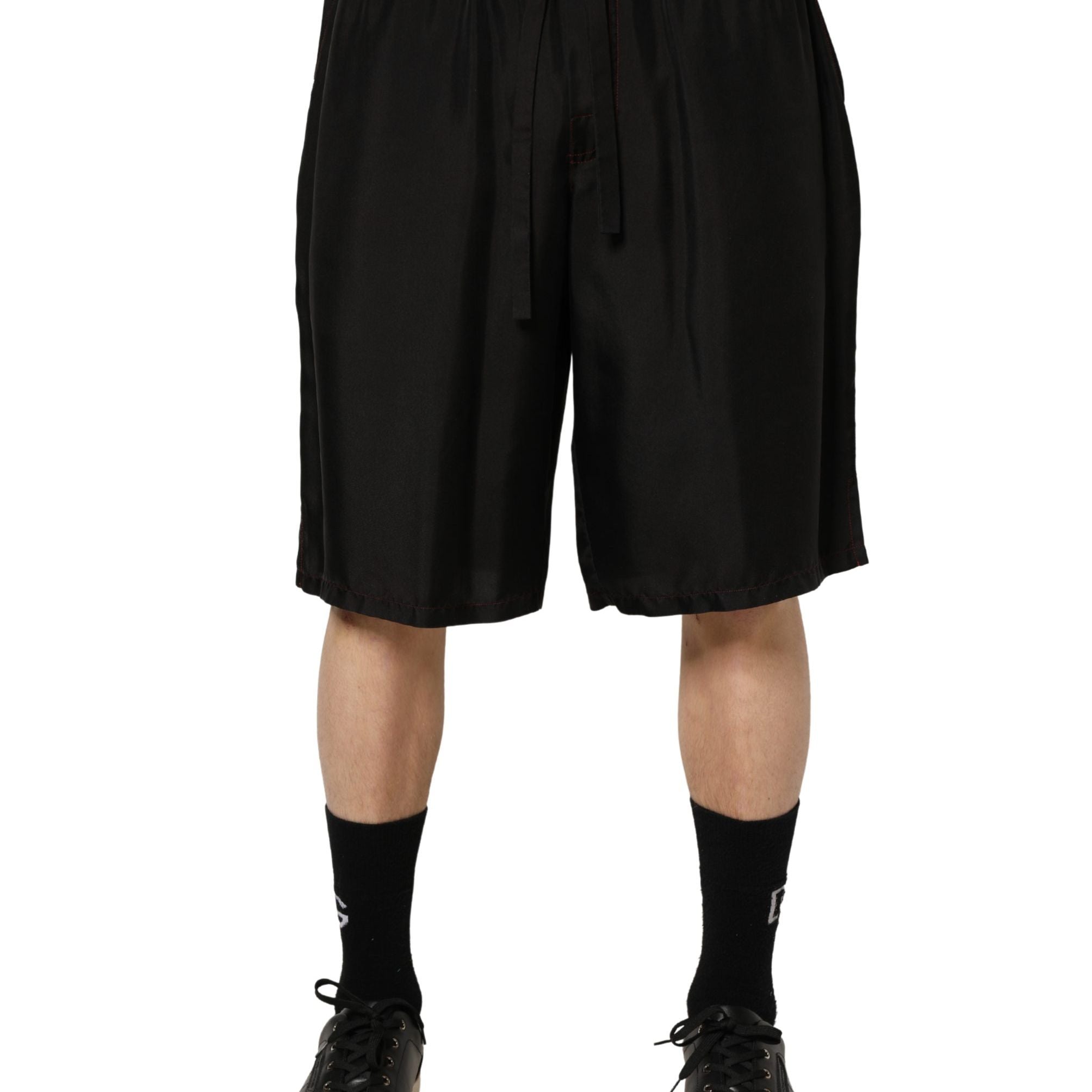 Dolce & Gabbana Black Silk Drawstring Men Bermuda Shorts