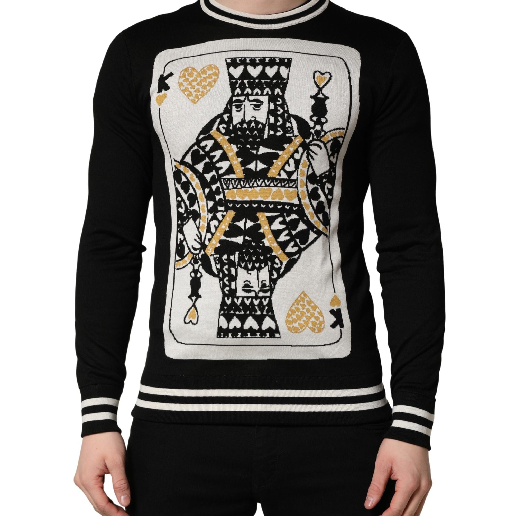 Dolce & Gabbana Black King Of Hearts Men Crew Neck Pullover Sweater