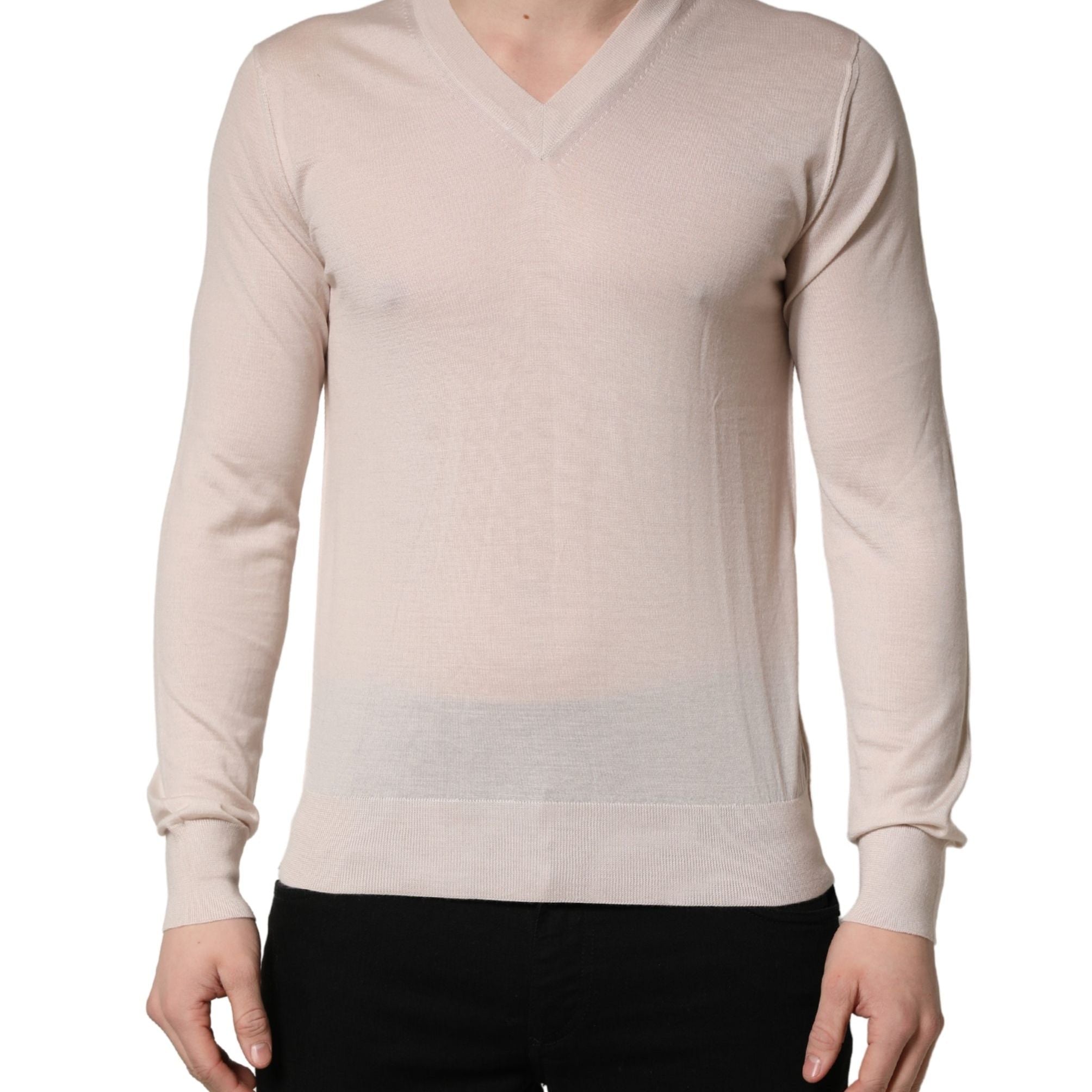 Dolce & Gabbana Beige Cashmere V-neck Men Pullover Sweater