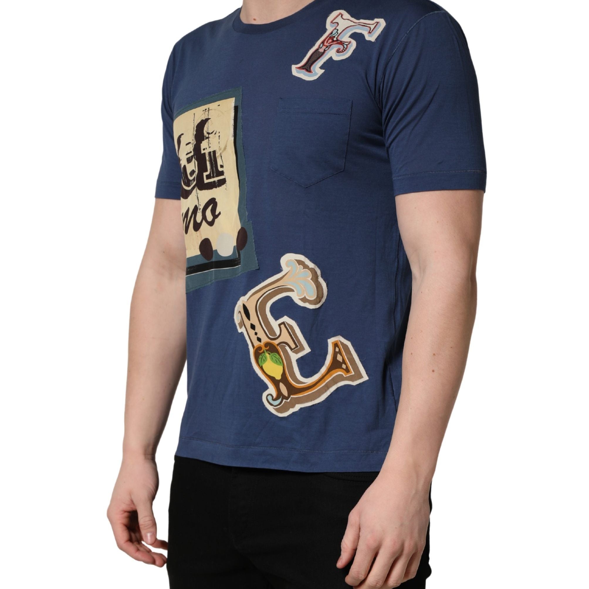Dolce & Gabbana Navy Blue Cotton Graphic Crew Neck T-shirt