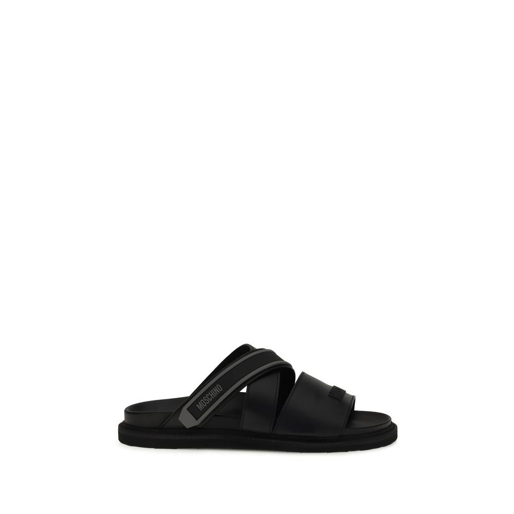 Moschino Black Calf Leather Bos Taurus Flat Sandals