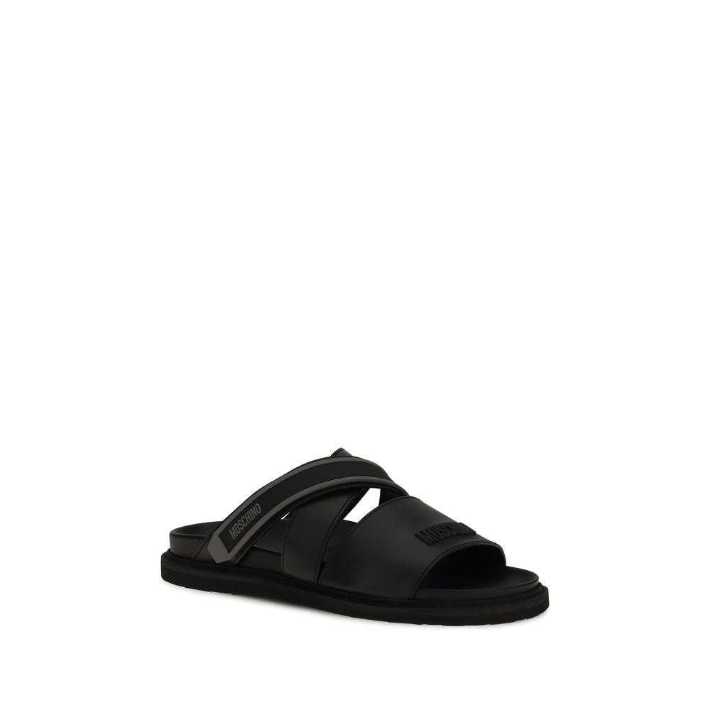 Moschino Black Calf Leather Bos Taurus Flat Sandals