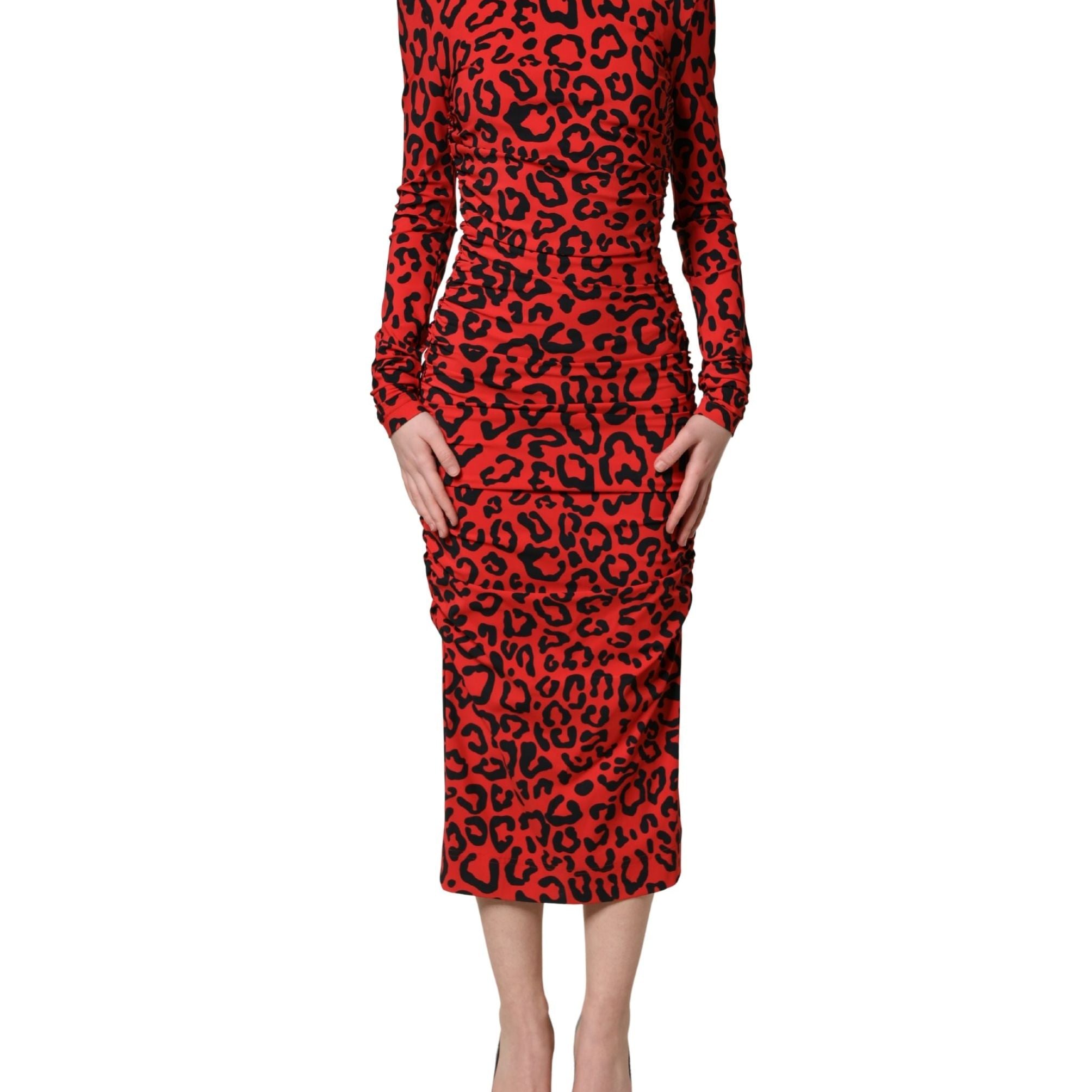 Dolce & Gabbana Red Leopard Print Long Sleeves Midi Dress