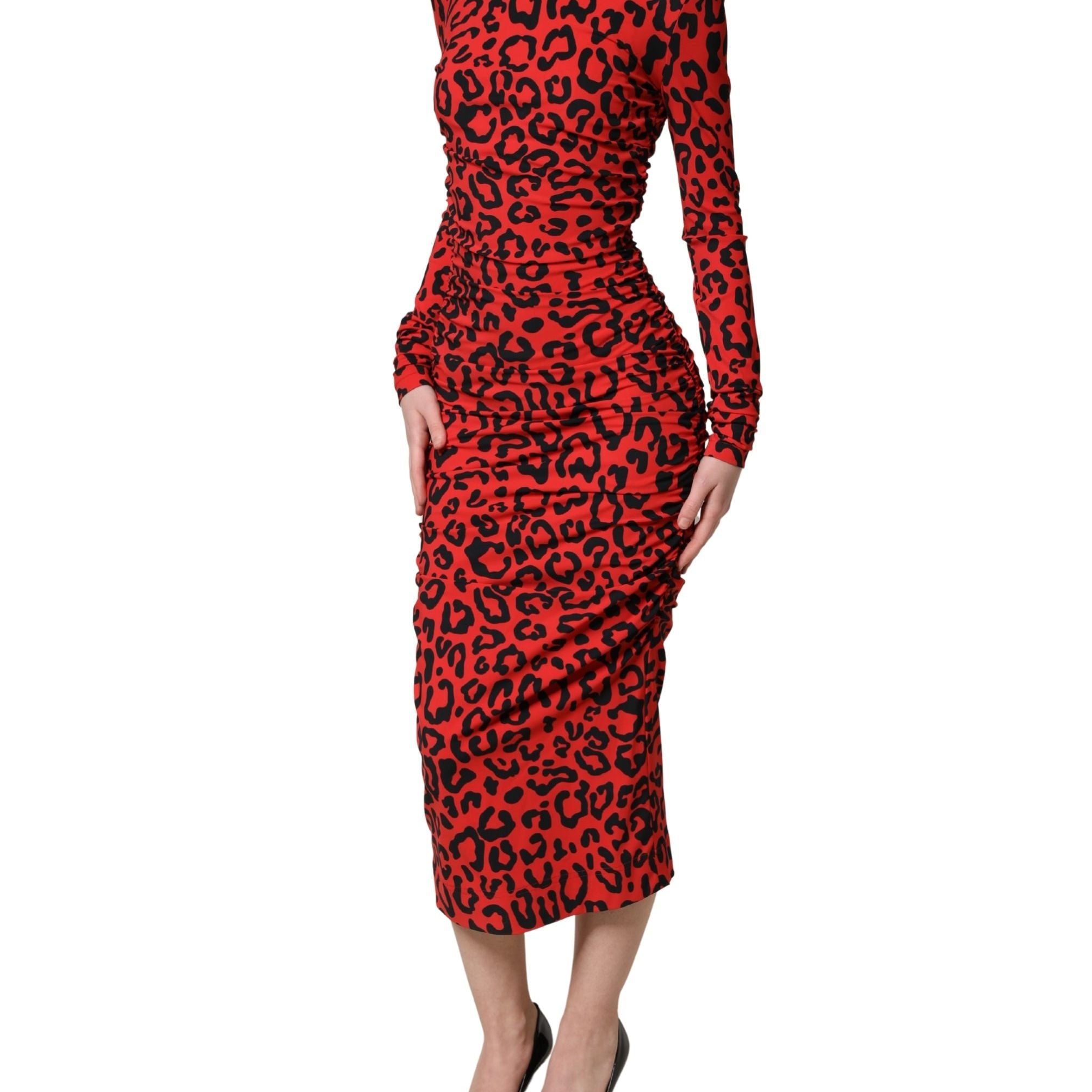 Dolce & Gabbana Red Leopard Print Long Sleeves Midi Dress