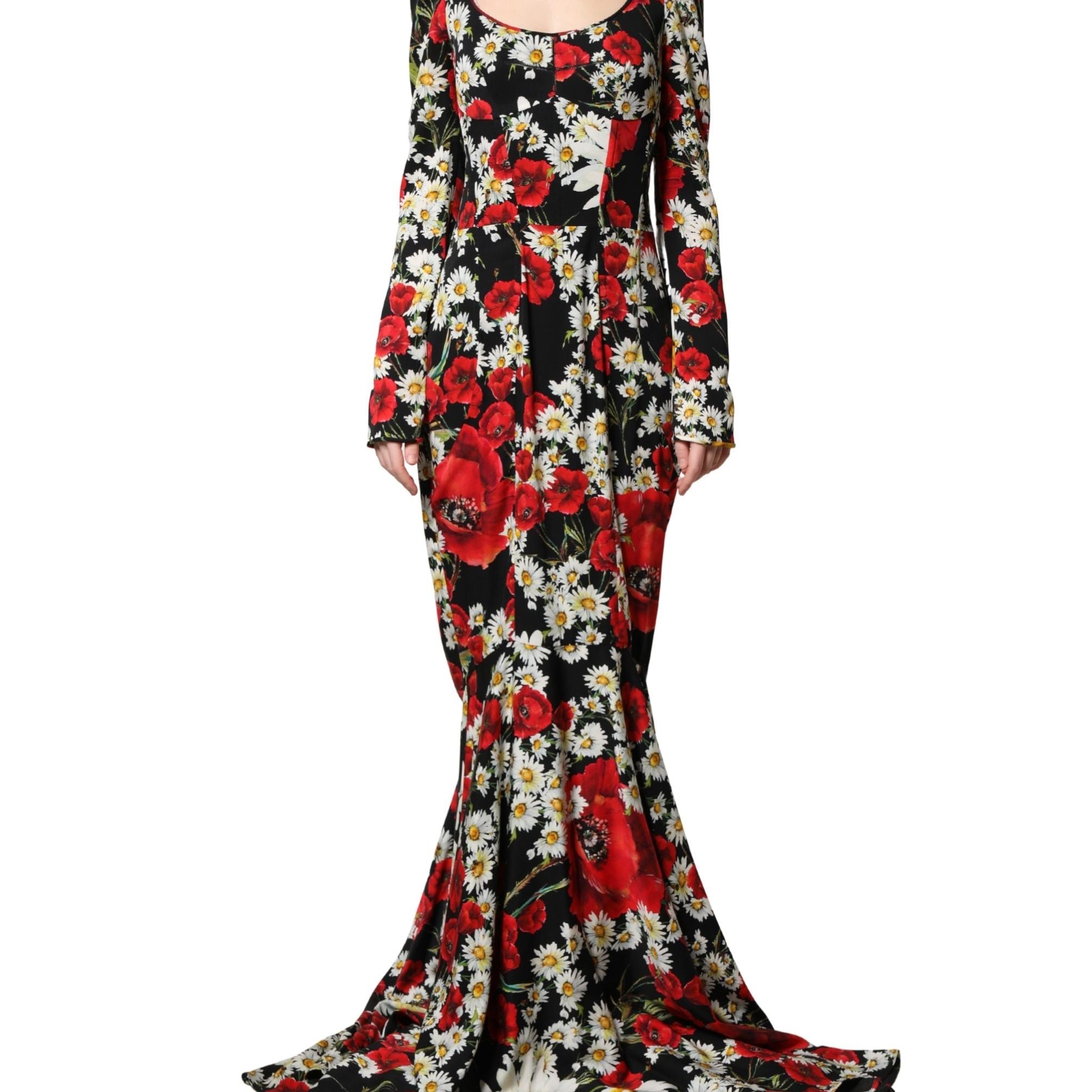 Dolce & Gabbana Black Floral Silk Long Sleeves Gown Dress