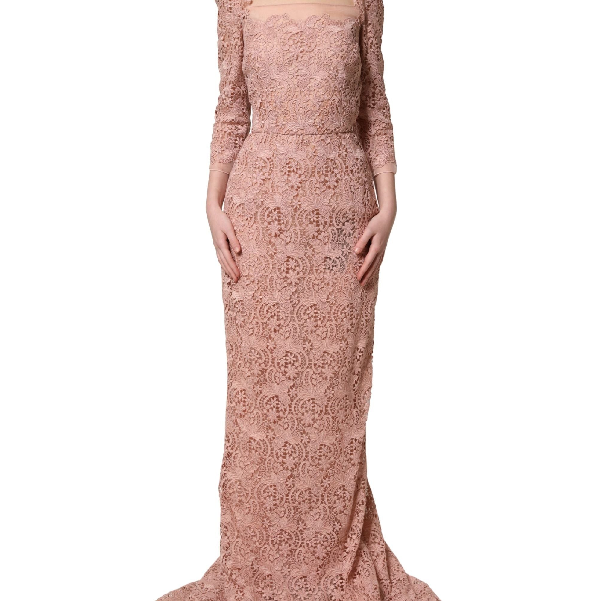 Dolce & Gabbana Pink Lace Long-Sleeved Evening Gown Dress