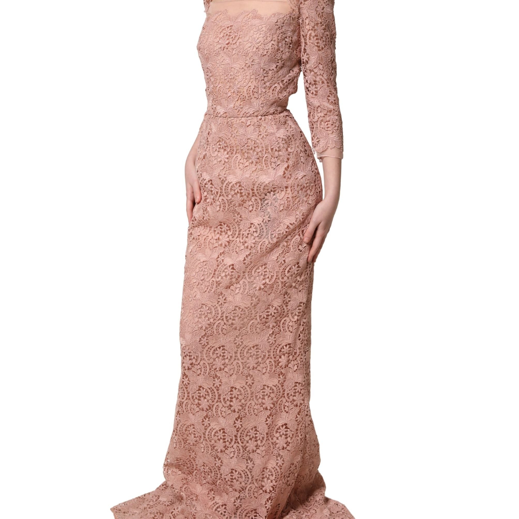 Dolce & Gabbana Pink Lace Long-Sleeved Evening Gown Dress