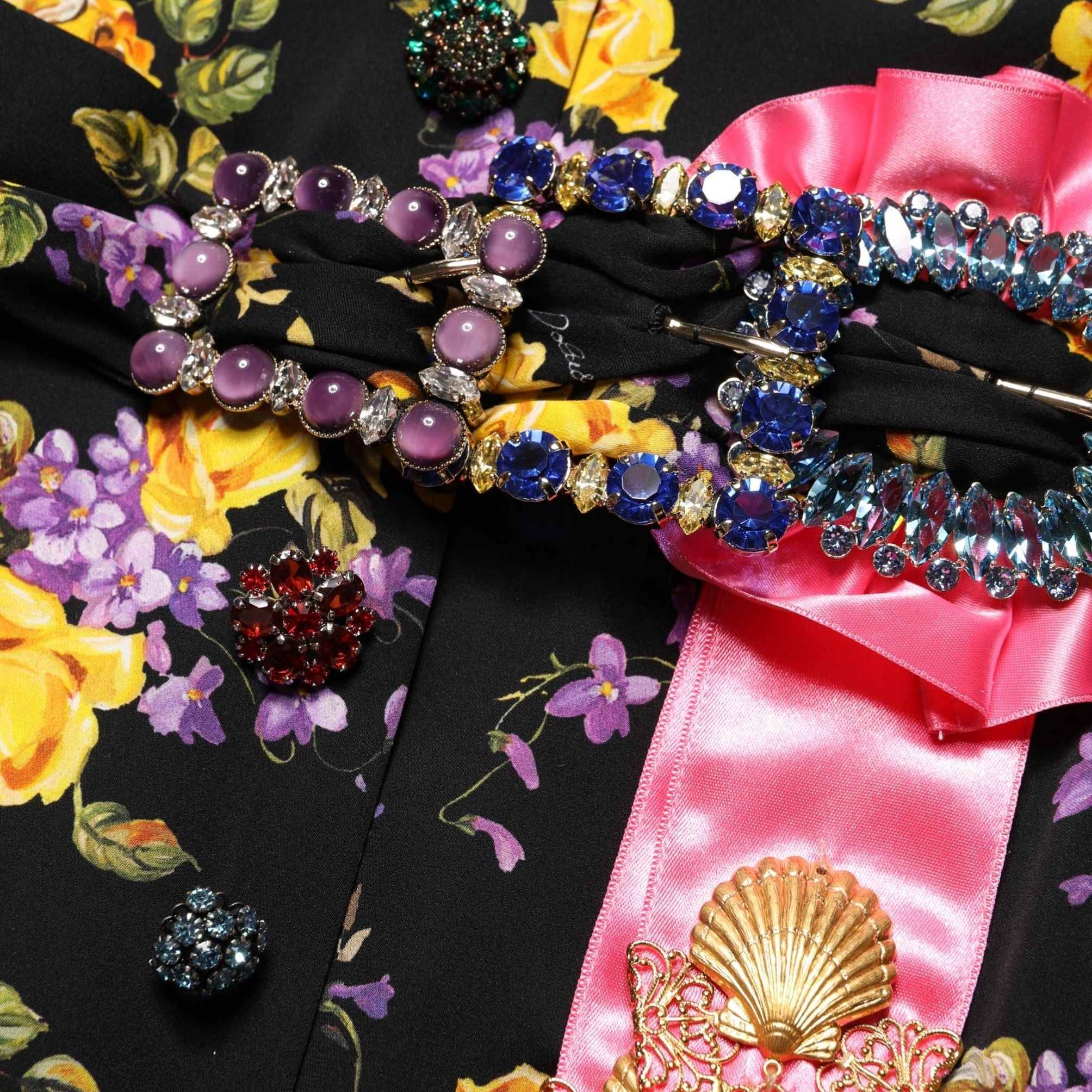 Dolce & Gabbana Black Purple Crystal Brooch Silk Midi Dress