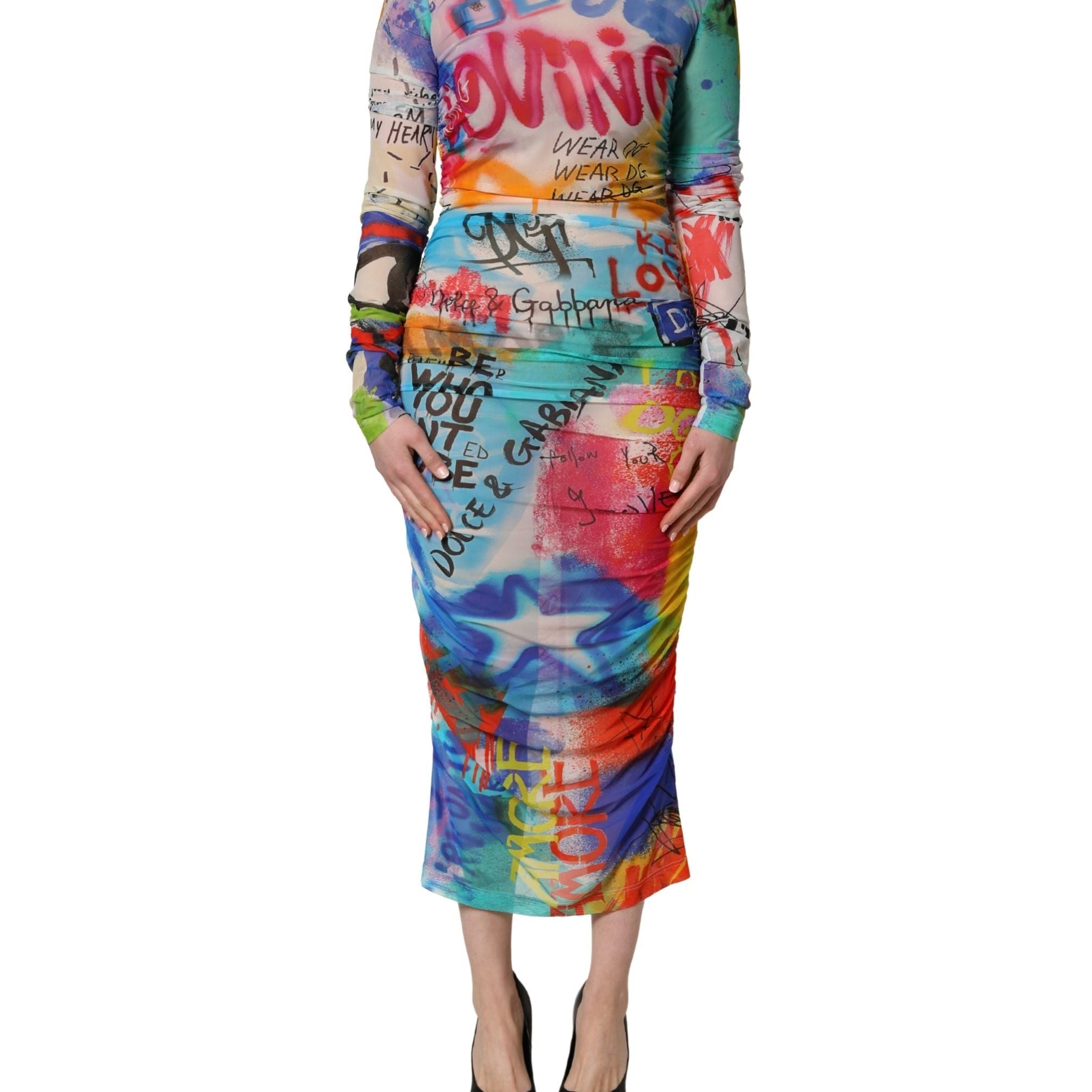 Dolce & Gabbana Multicolor Graffiti Print Tulle Sheath Midi Dress