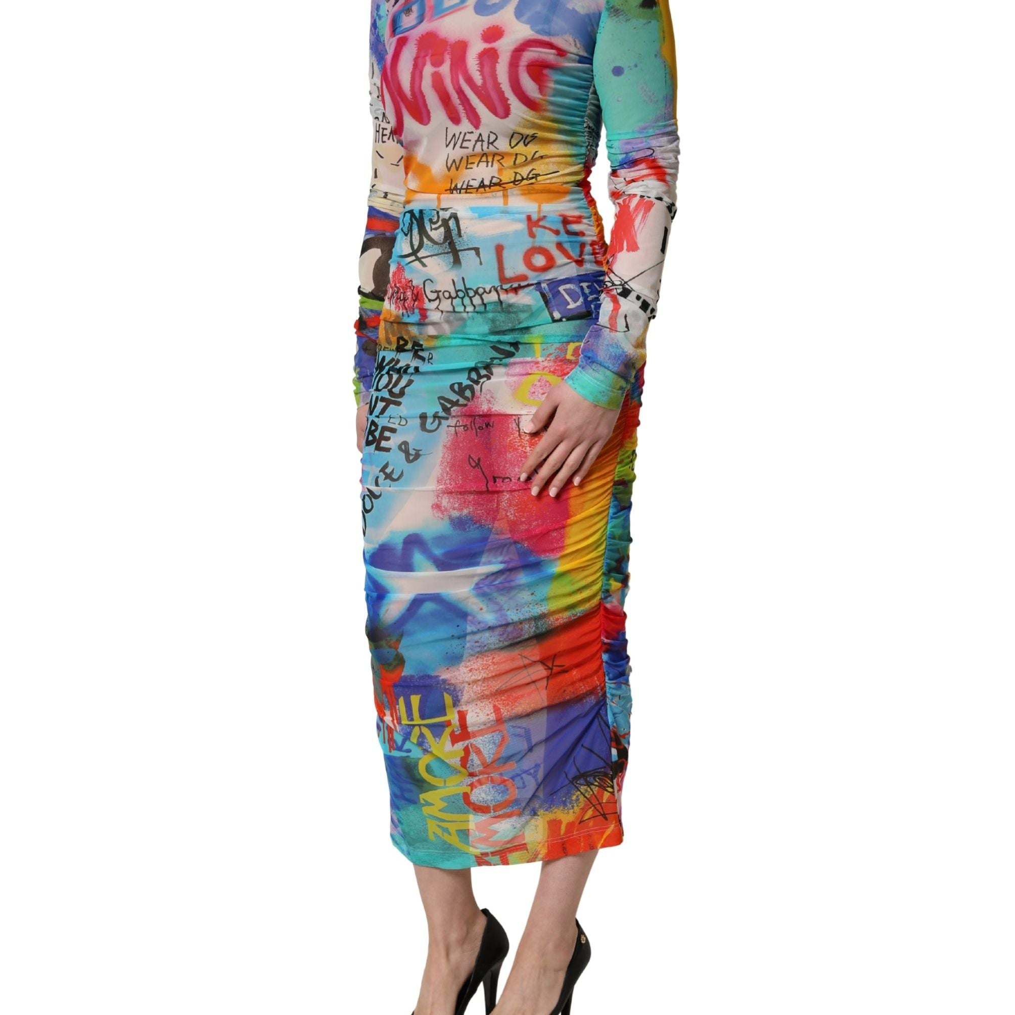 Dolce & Gabbana Multicolor Graffiti Print Tulle Sheath Midi Dress