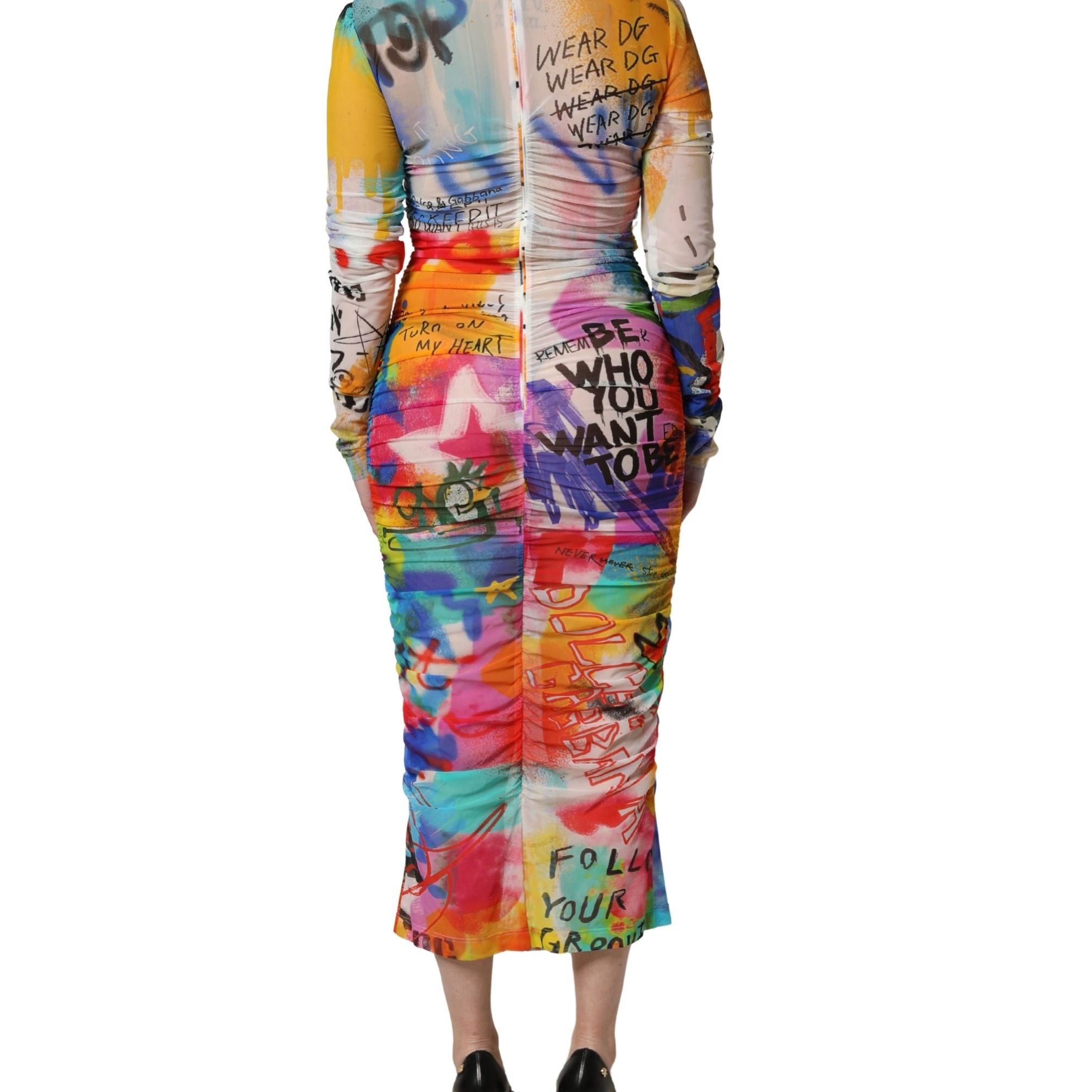 Dolce & Gabbana Multicolor Graffiti Print Tulle Sheath Midi Dress