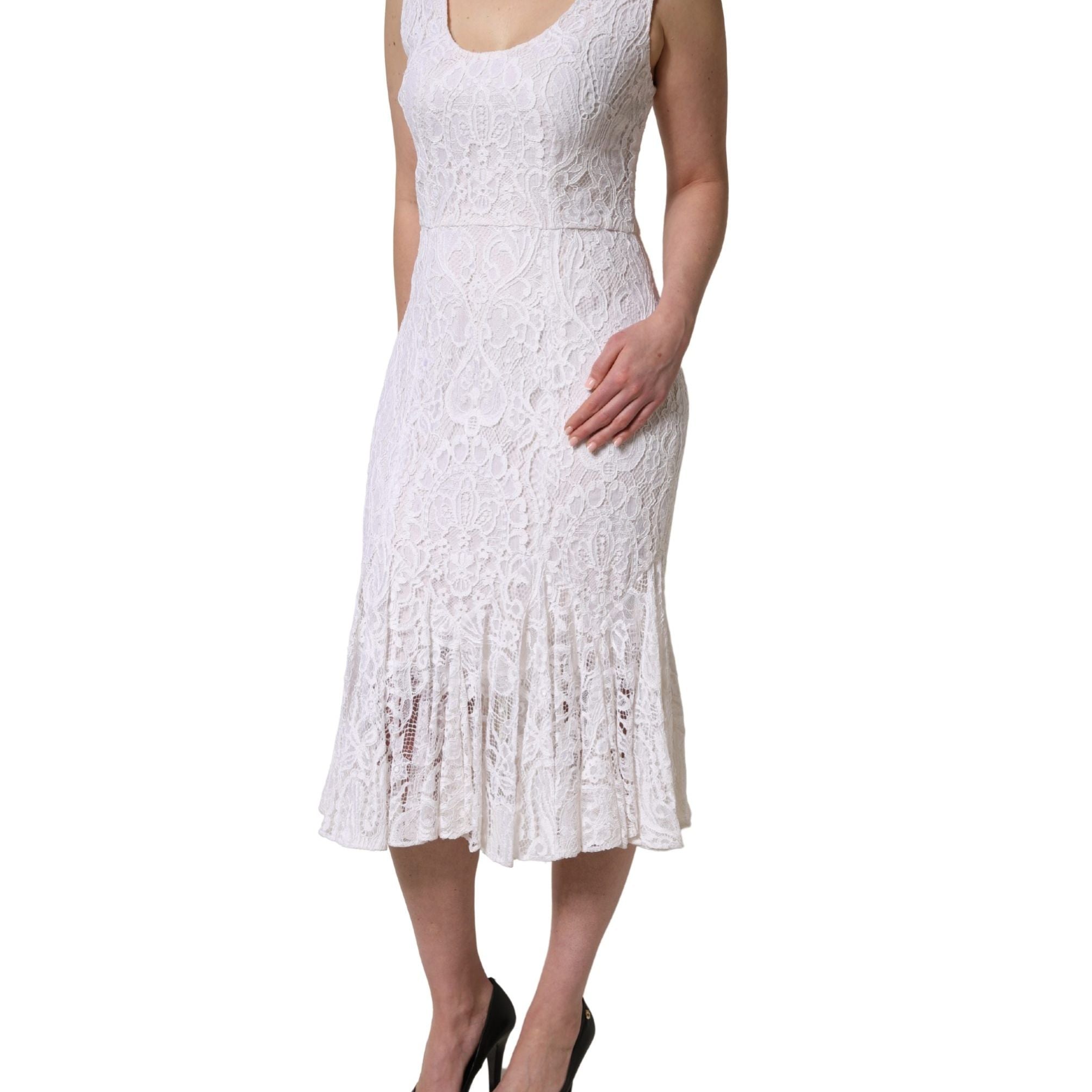 Dolce & Gabbana White Floral Lace Sleeveless Midi Dress
