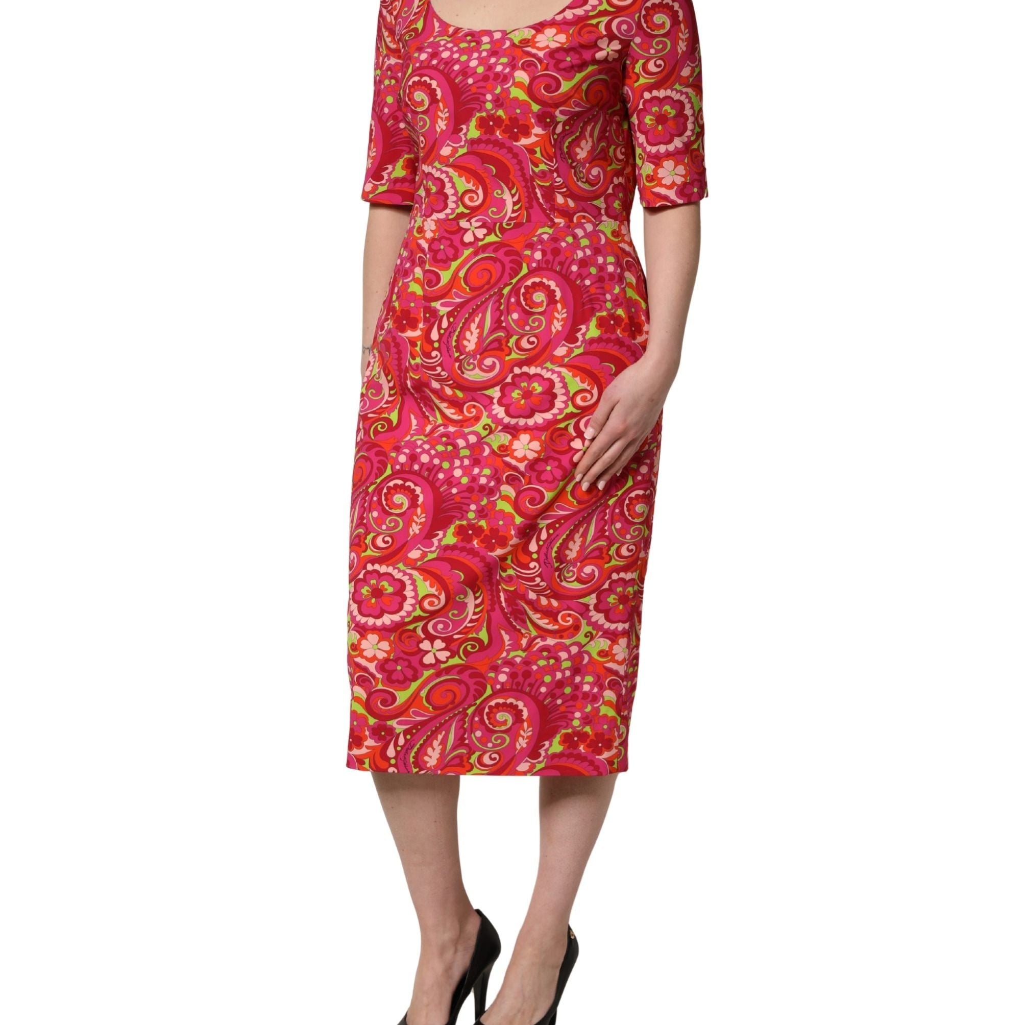 Dolce & Gabbana Red Paisley Floral Print Sheath Midi Dress