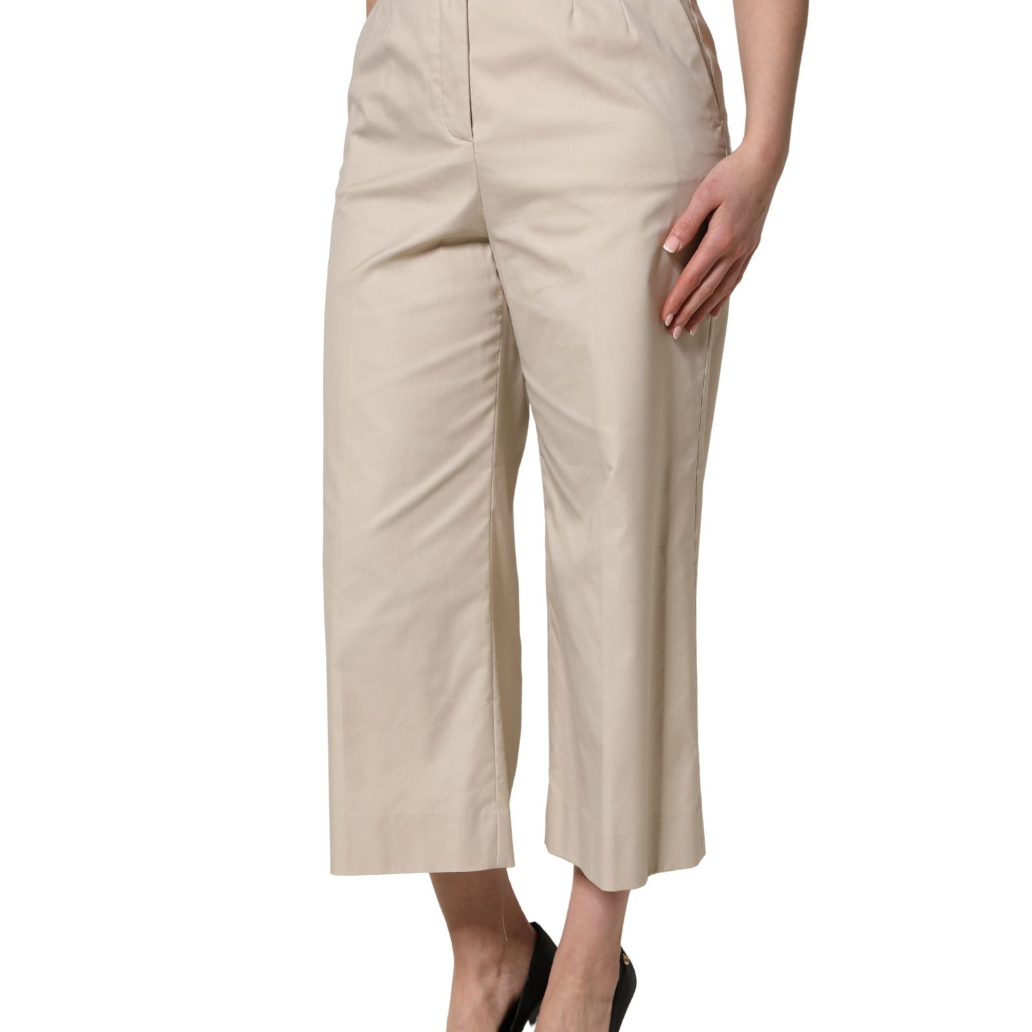 Dolce & Gabbana Beige Cotton Mid Waist Cropped Trouser Pants