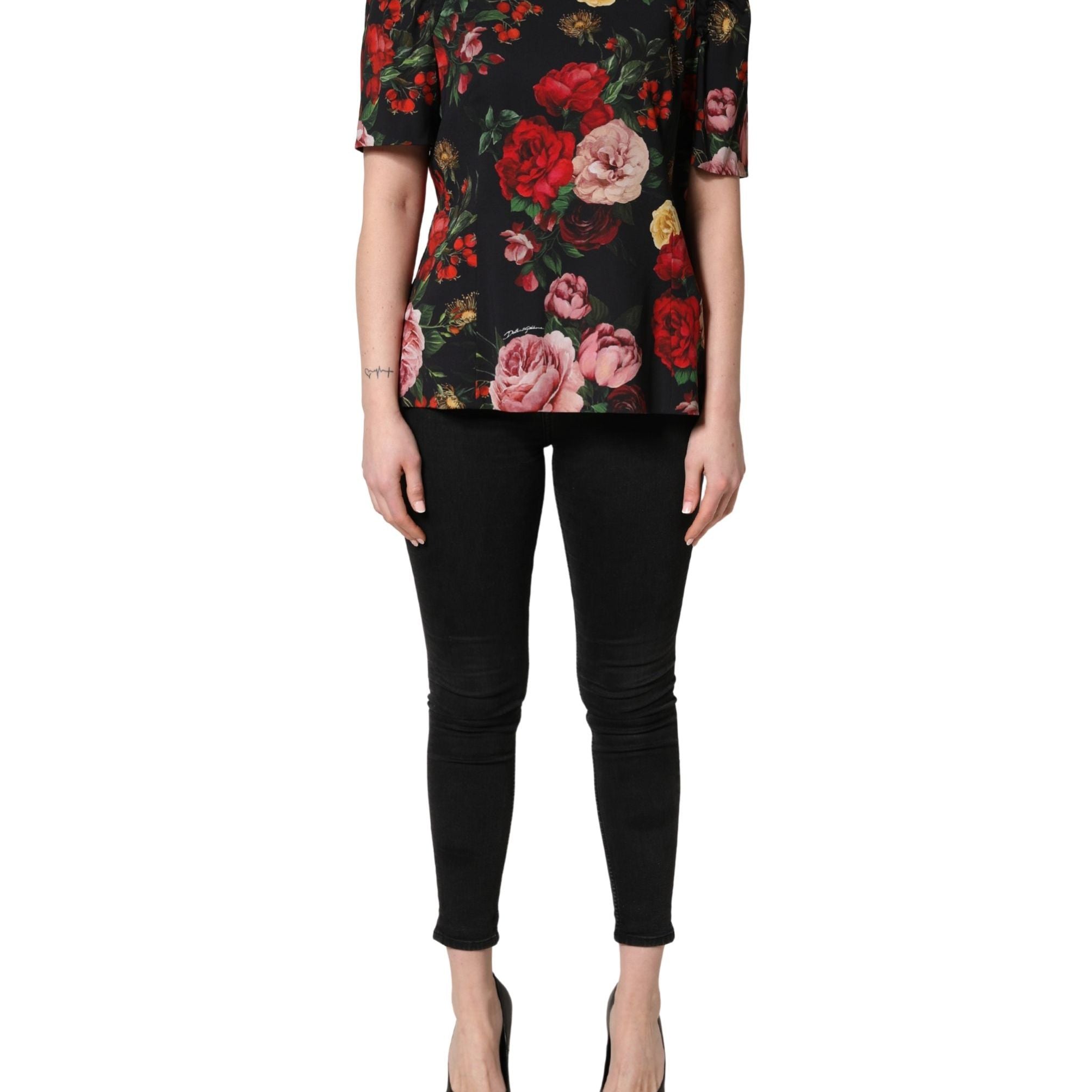 Dolce & Gabbana Black Floral Crepe Frill Detail Blouse Top