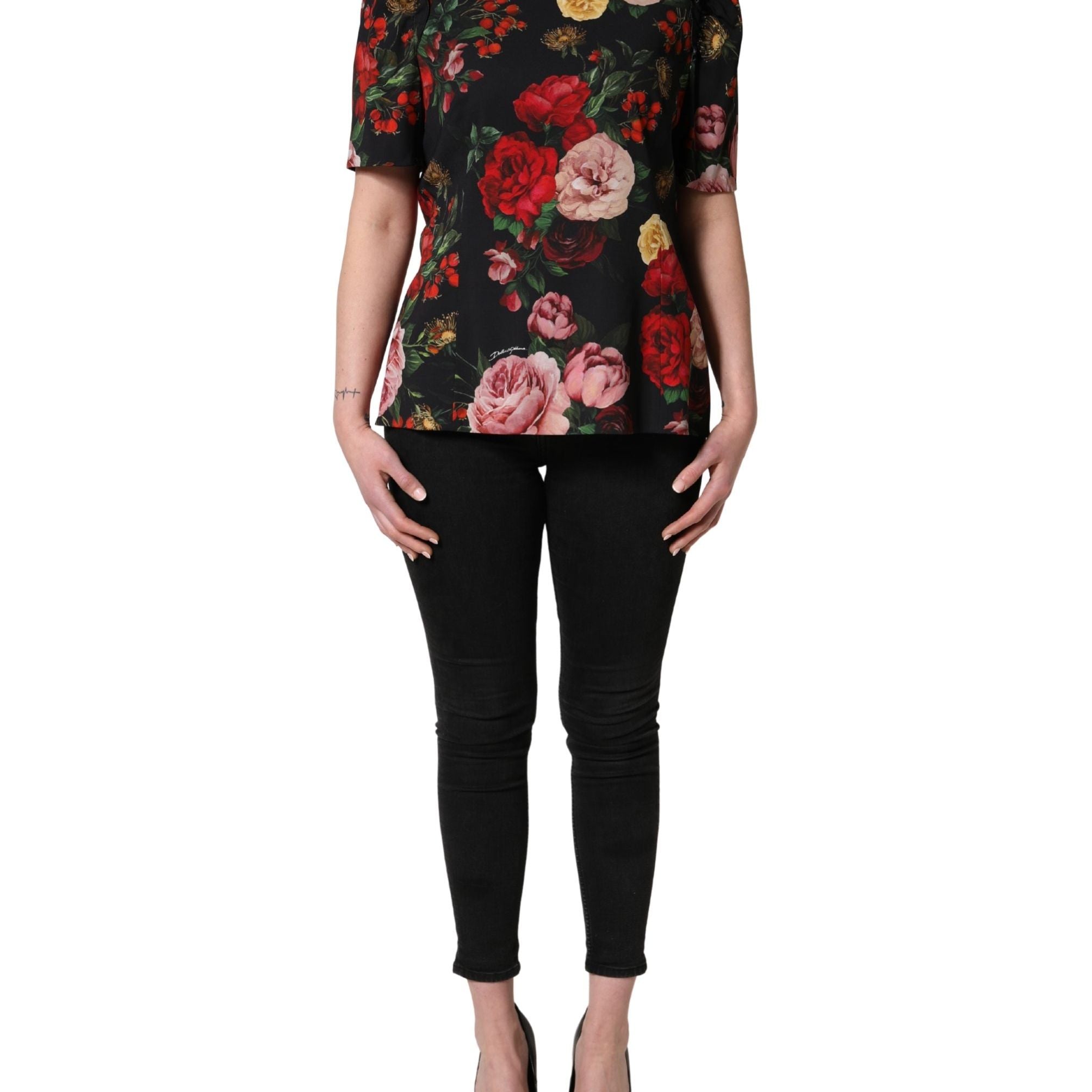 Dolce & Gabbana Black Floral Crepe Frill Detail Blouse Top