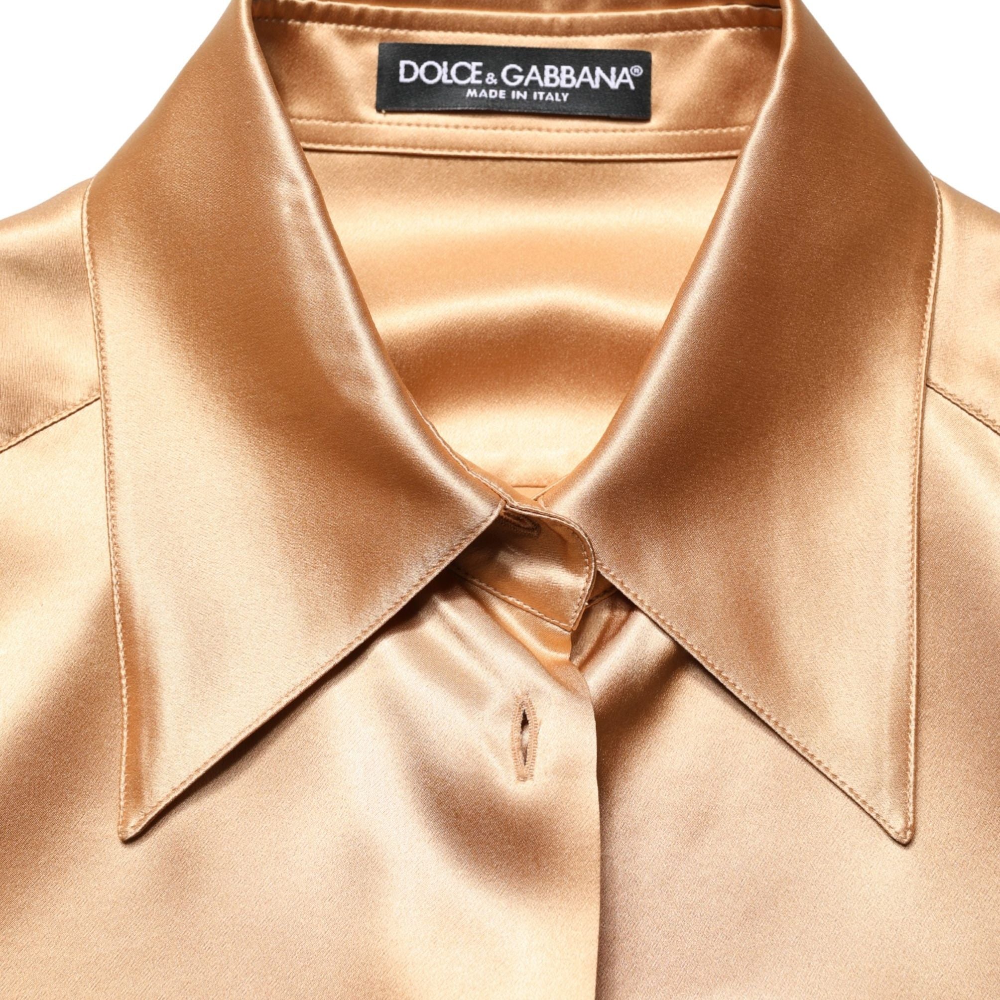 Dolce & Gabbana Gold Tone SatinFinish Silk Collared Shirt Top