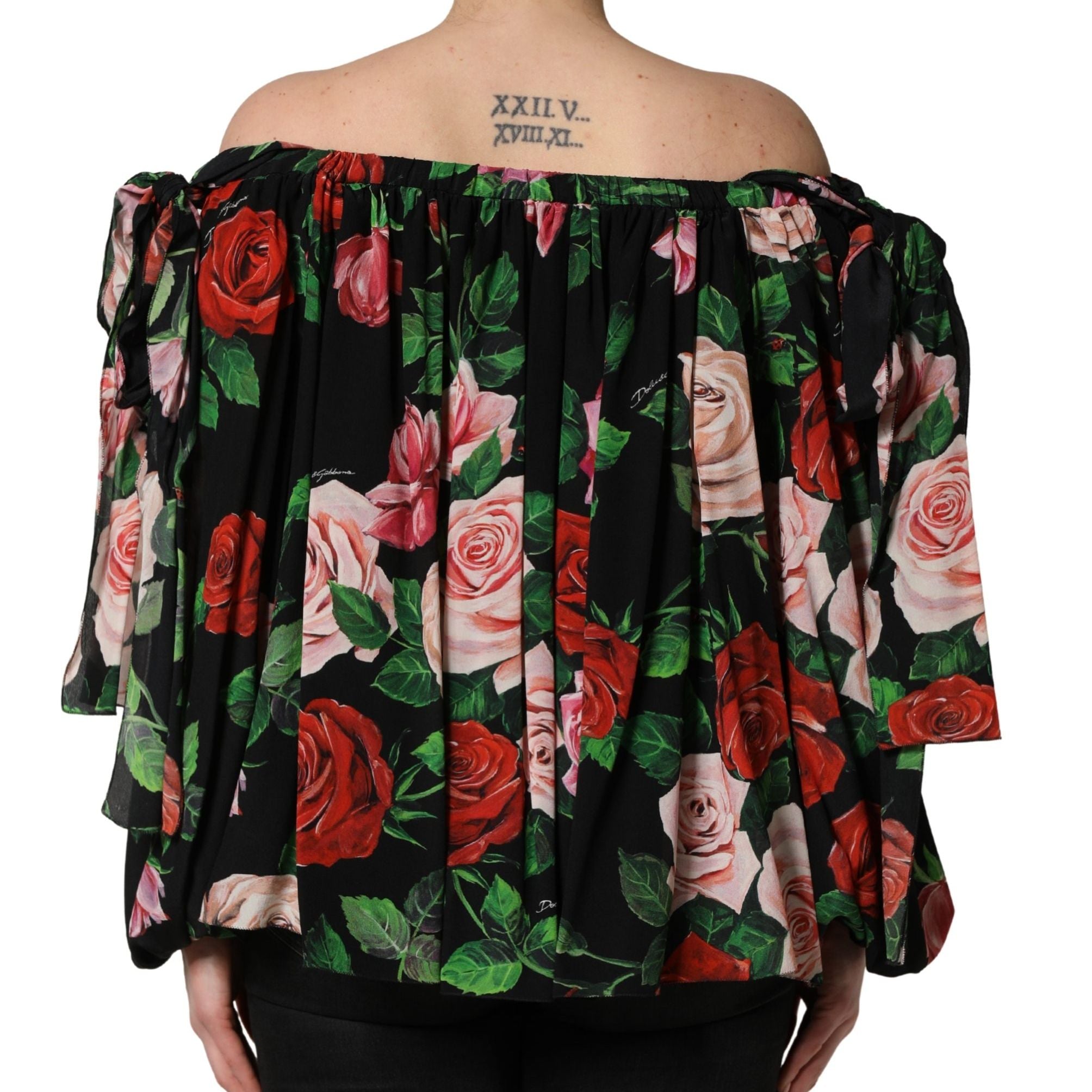 Dolce & Gabbana Black Rose Print Silk Off The Shoulder Blouse Top