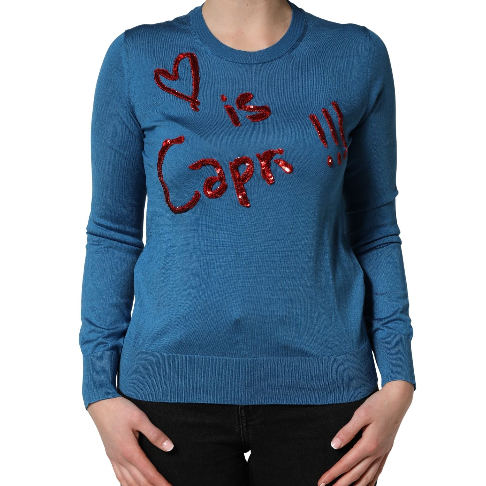 Dolce & Gabbana Blue Silk Sequined CrewNeck Pullover Sweater