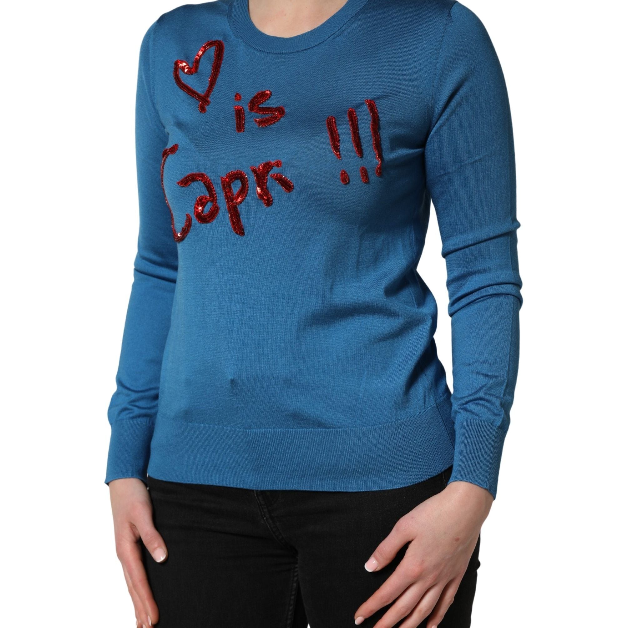 Dolce & Gabbana Blue Silk Sequined CrewNeck Pullover Sweater