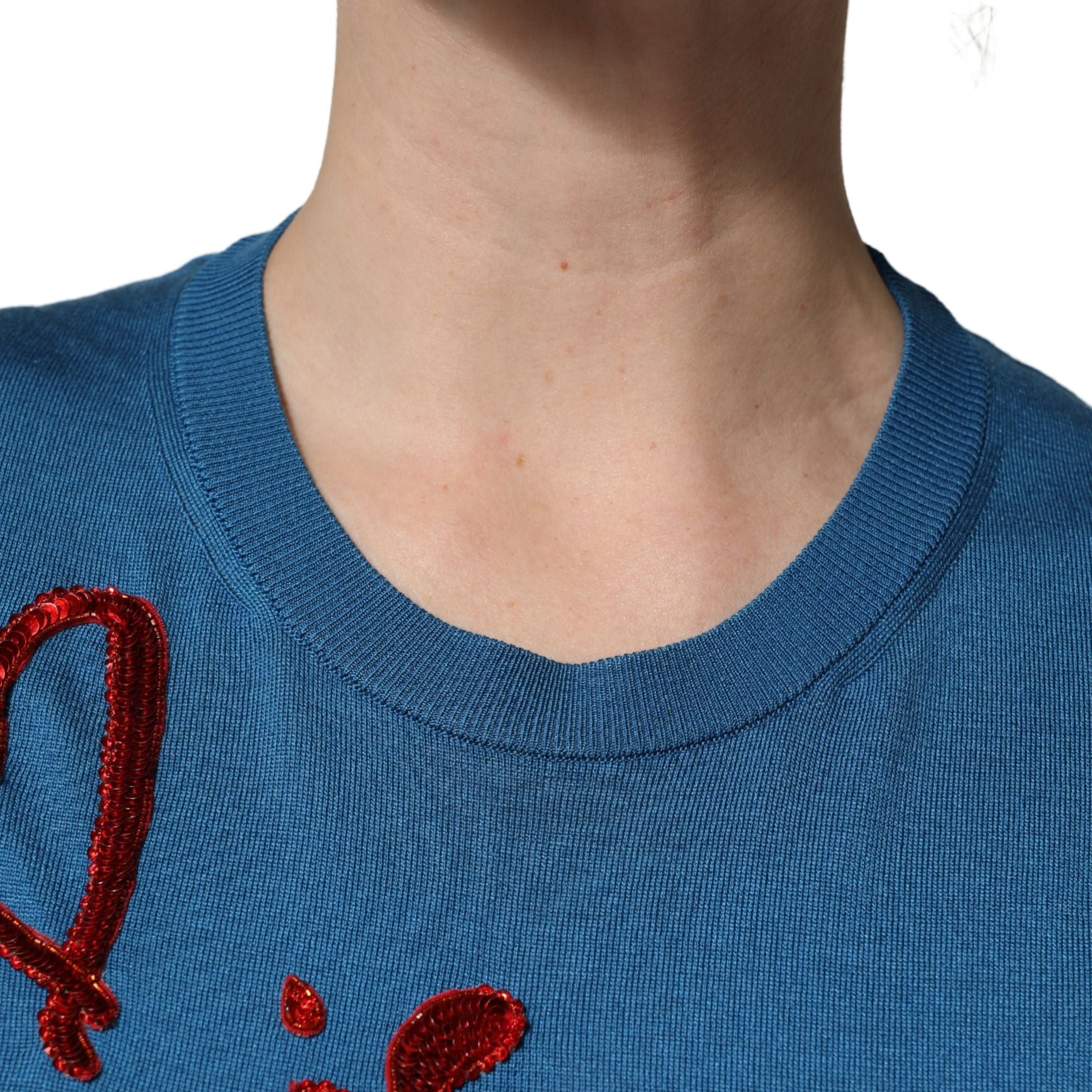 Dolce & Gabbana Blue Silk Sequined CrewNeck Pullover Sweater