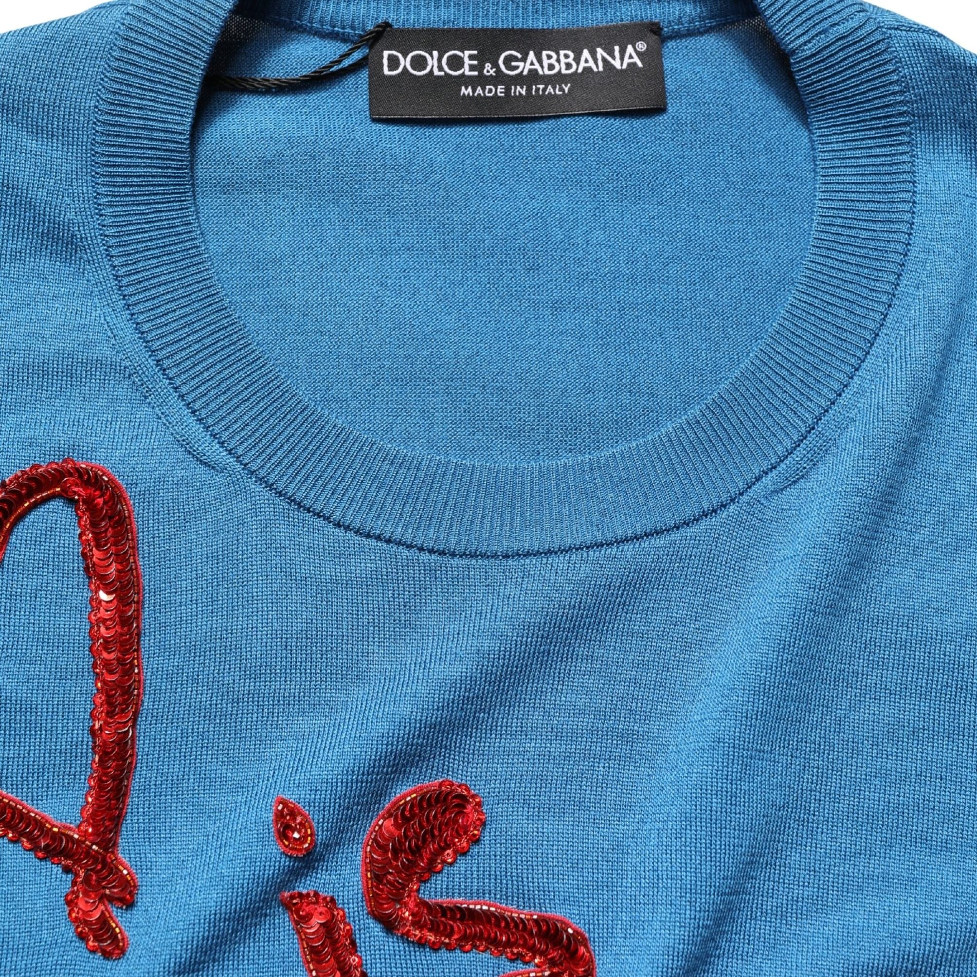 Dolce & Gabbana Blue Silk Sequined CrewNeck Pullover Sweater