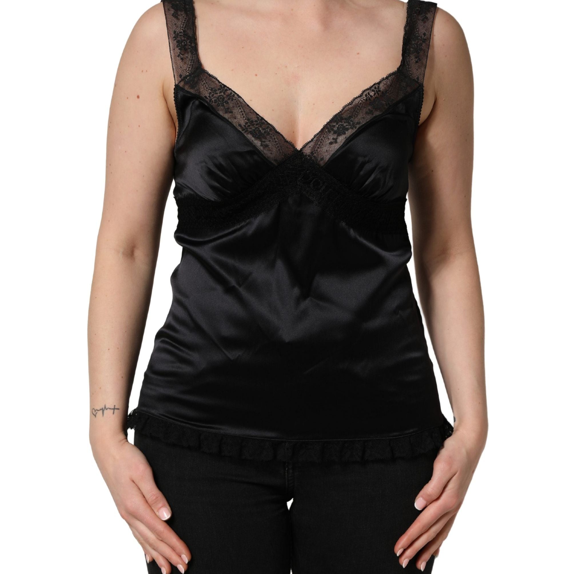 Dolce & Gabbana Black Silk Lace Trim Camisole V-neckline Tank Top