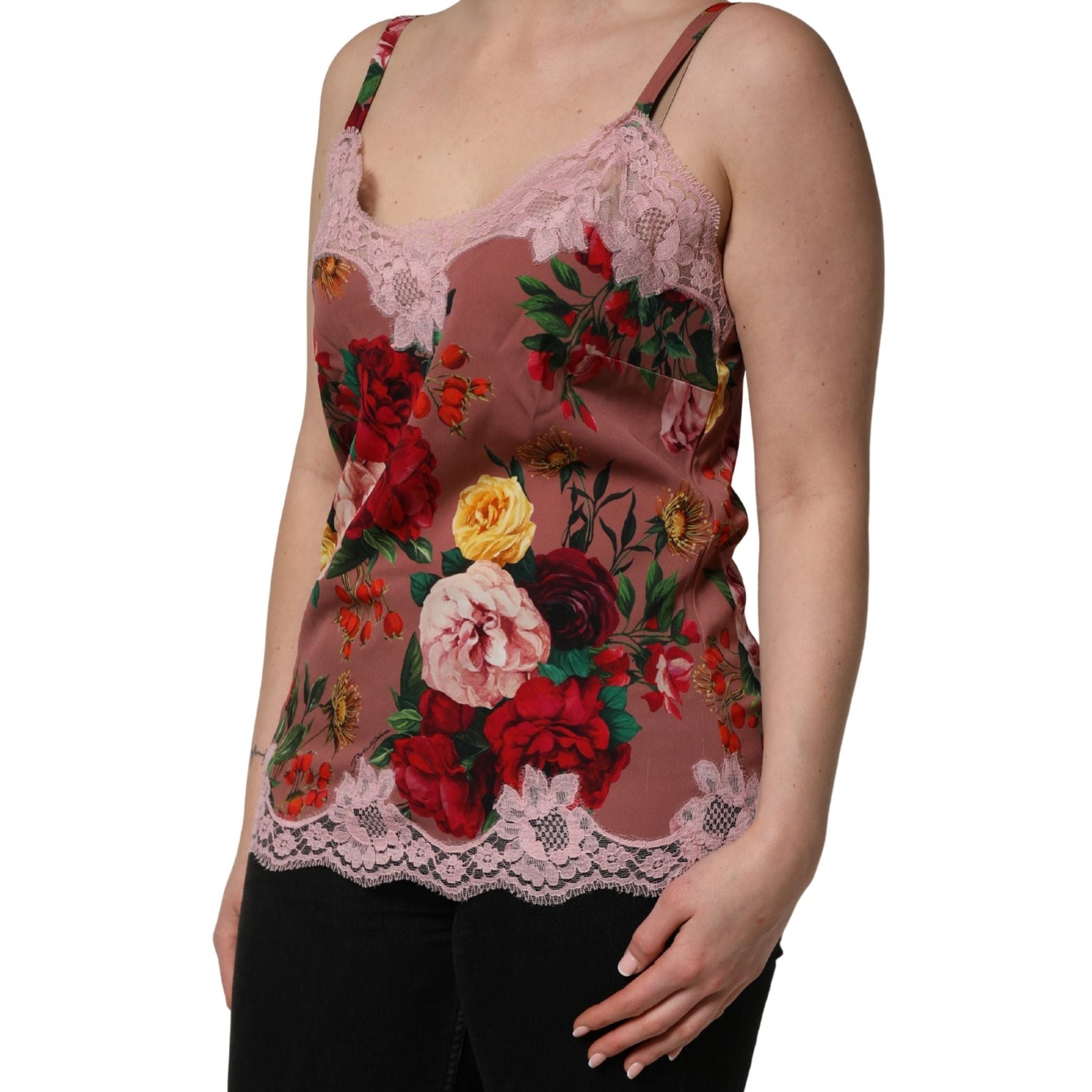 Dolce & Gabbana Brown Rose Print Satin Lace Camisole Tank Top