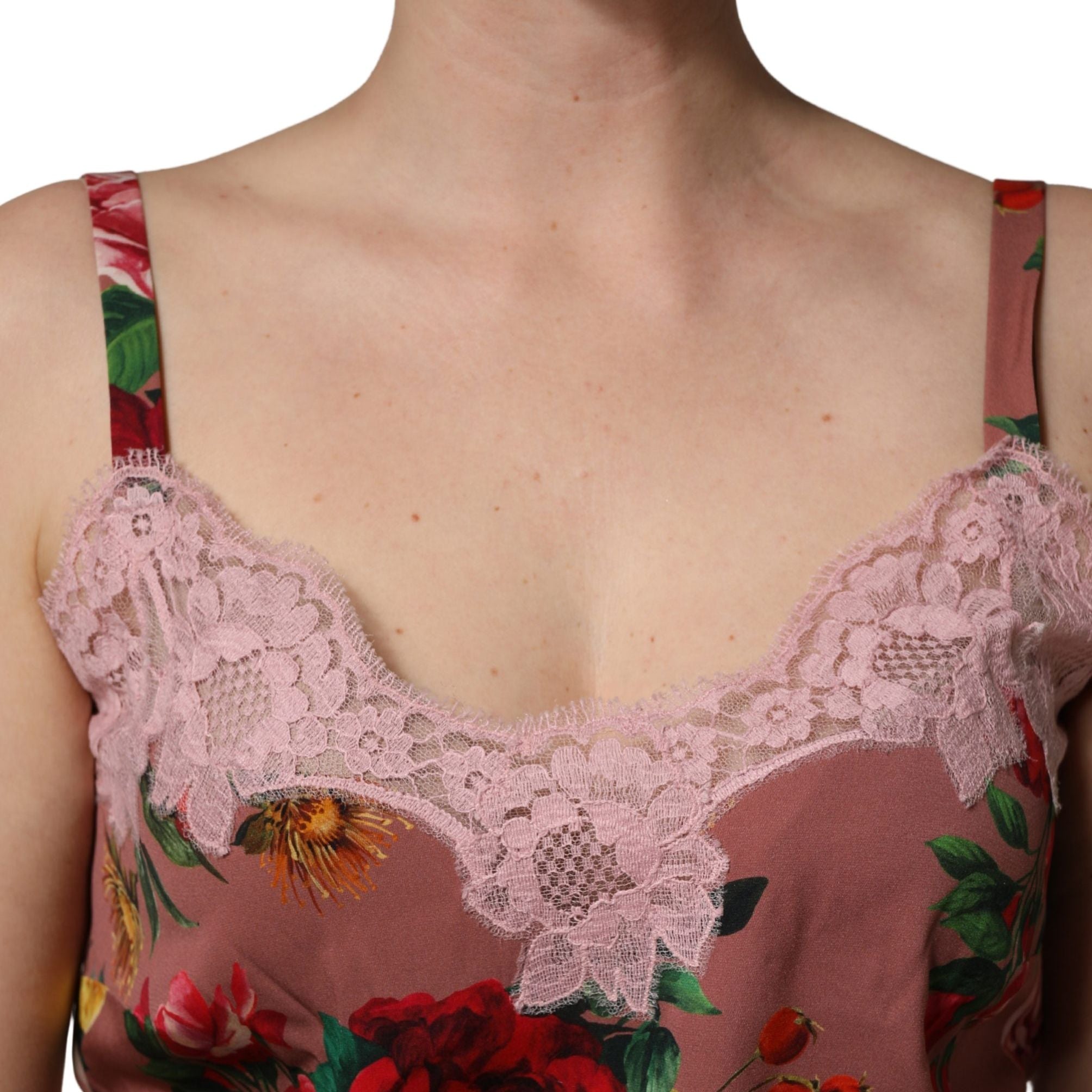 Dolce & Gabbana Brown Rose Print Satin Lace Camisole Tank Top