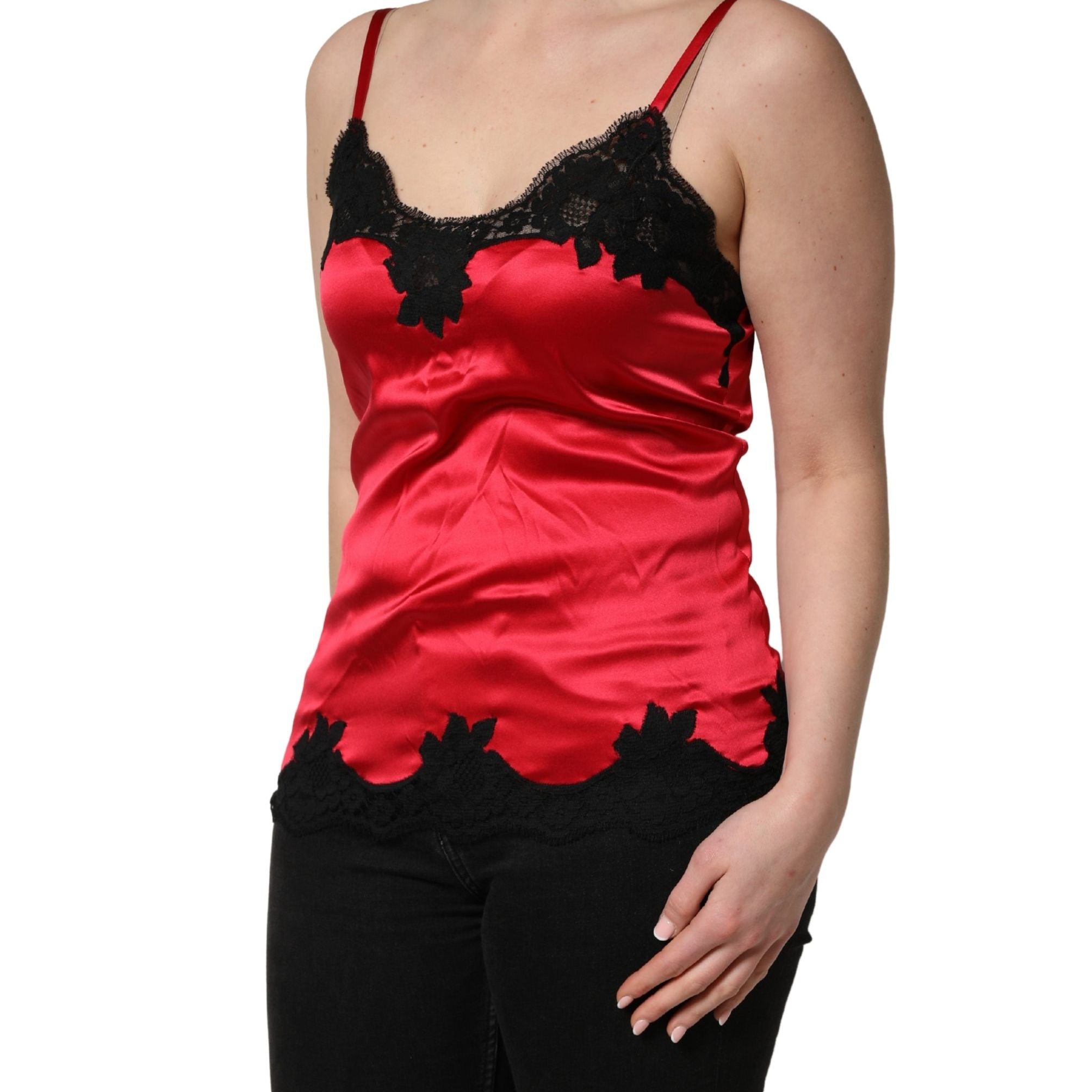 Dolce & Gabbana Red Silk Lace Trim Camisole Sleeveless Tank Top