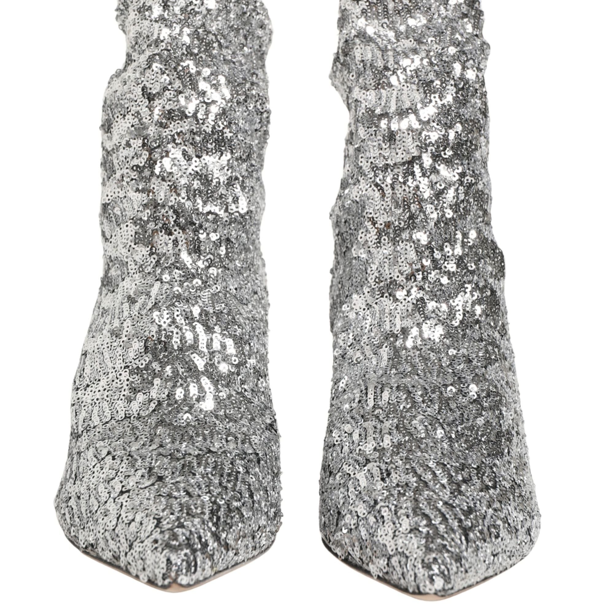 Dolce & Gabbana Silver Sequined Short Boots Stretch Shoes