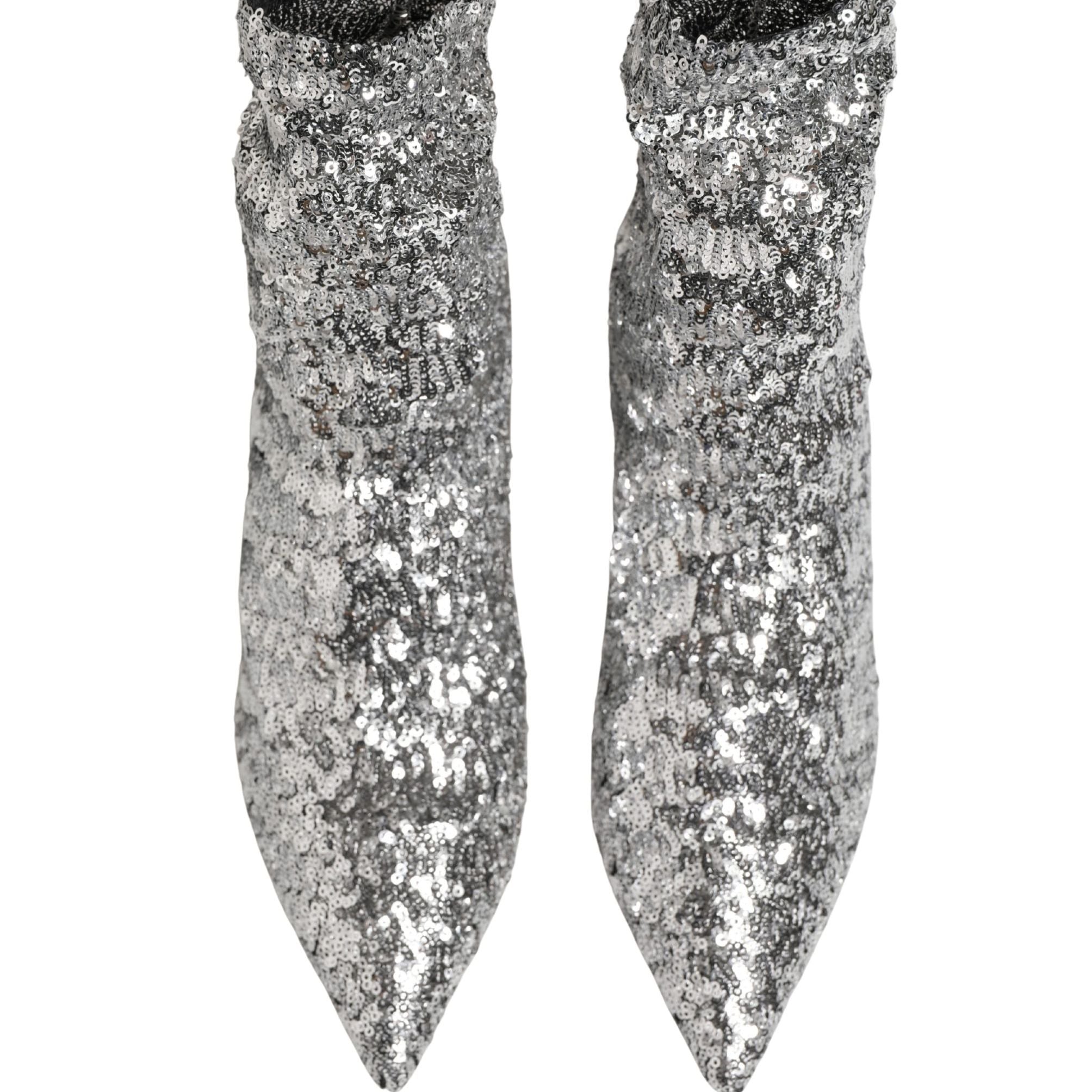 Dolce & Gabbana Silver Sequined Short Boots Stretch Shoes
