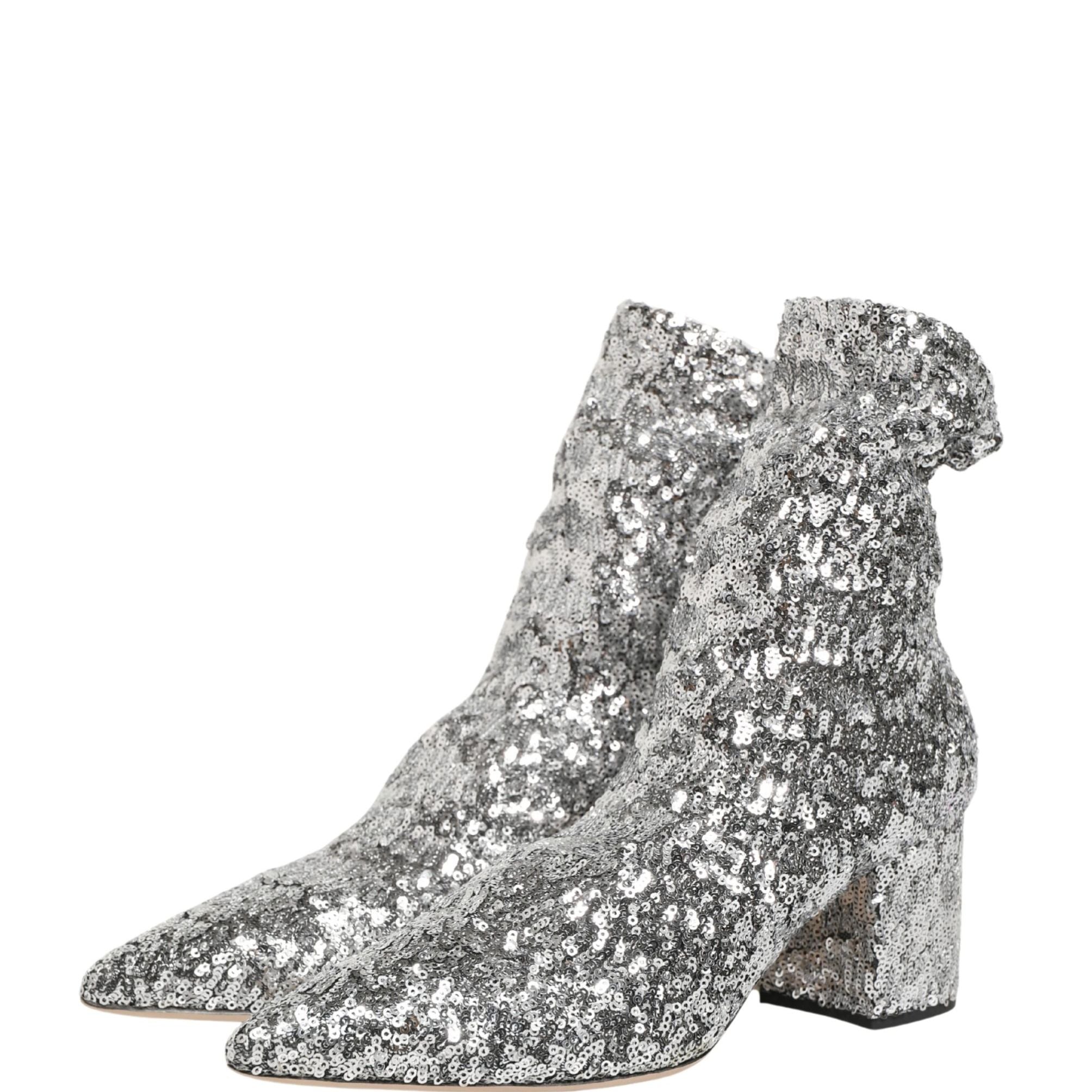 Dolce & Gabbana Silver Sequined Short Boots Stretch Shoes