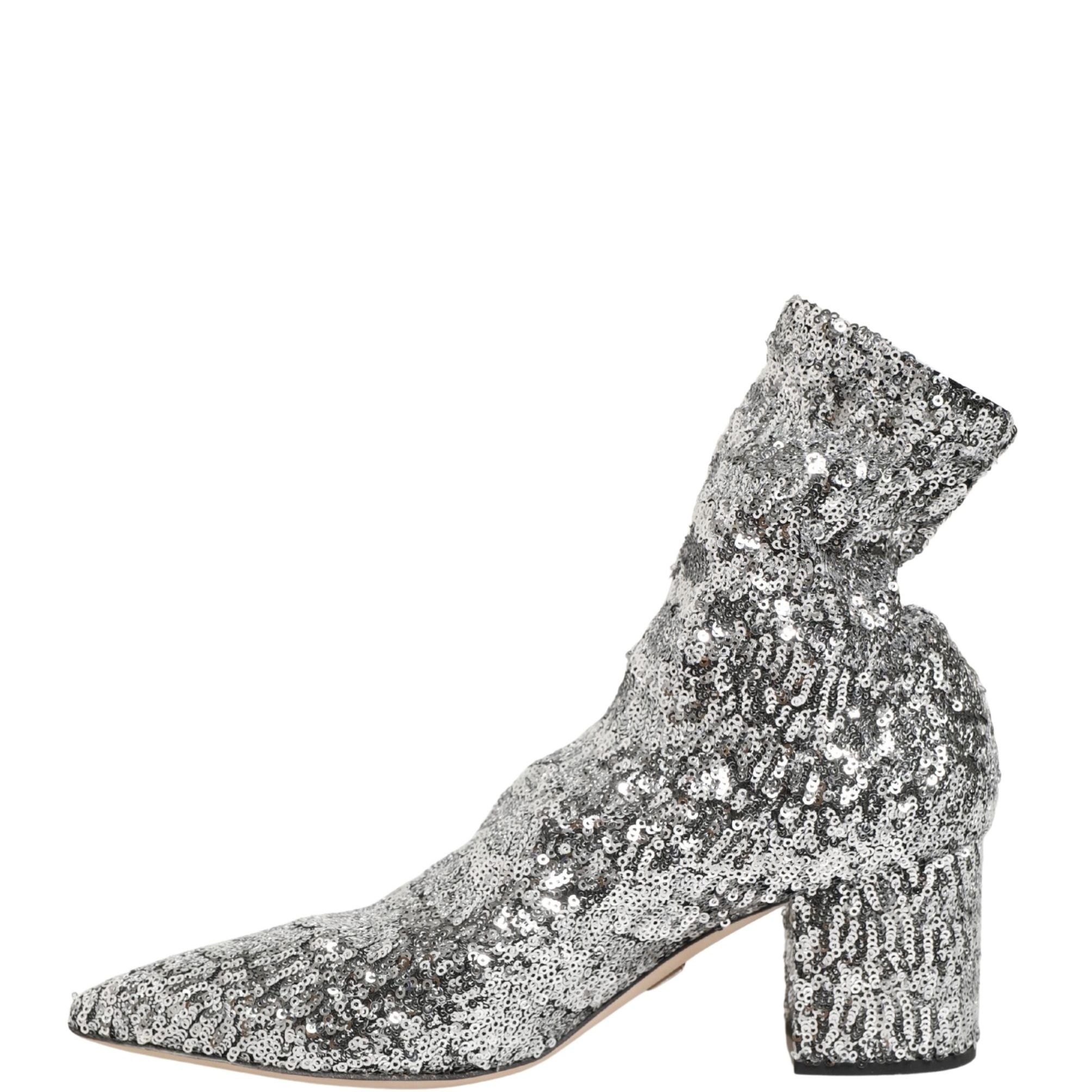 Dolce & Gabbana Silver Sequined Short Boots Stretch Shoes