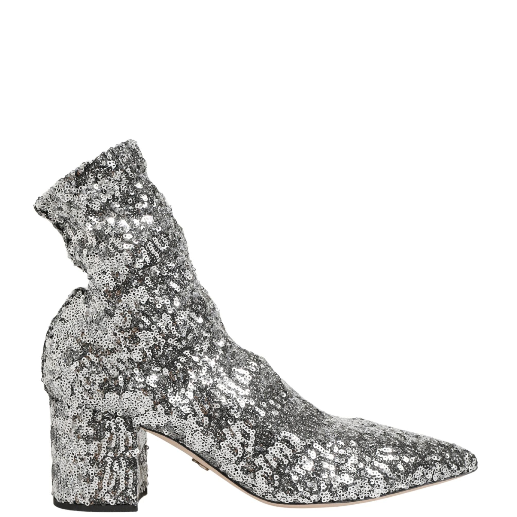Dolce & Gabbana Silver Sequined Short Boots Stretch Shoes