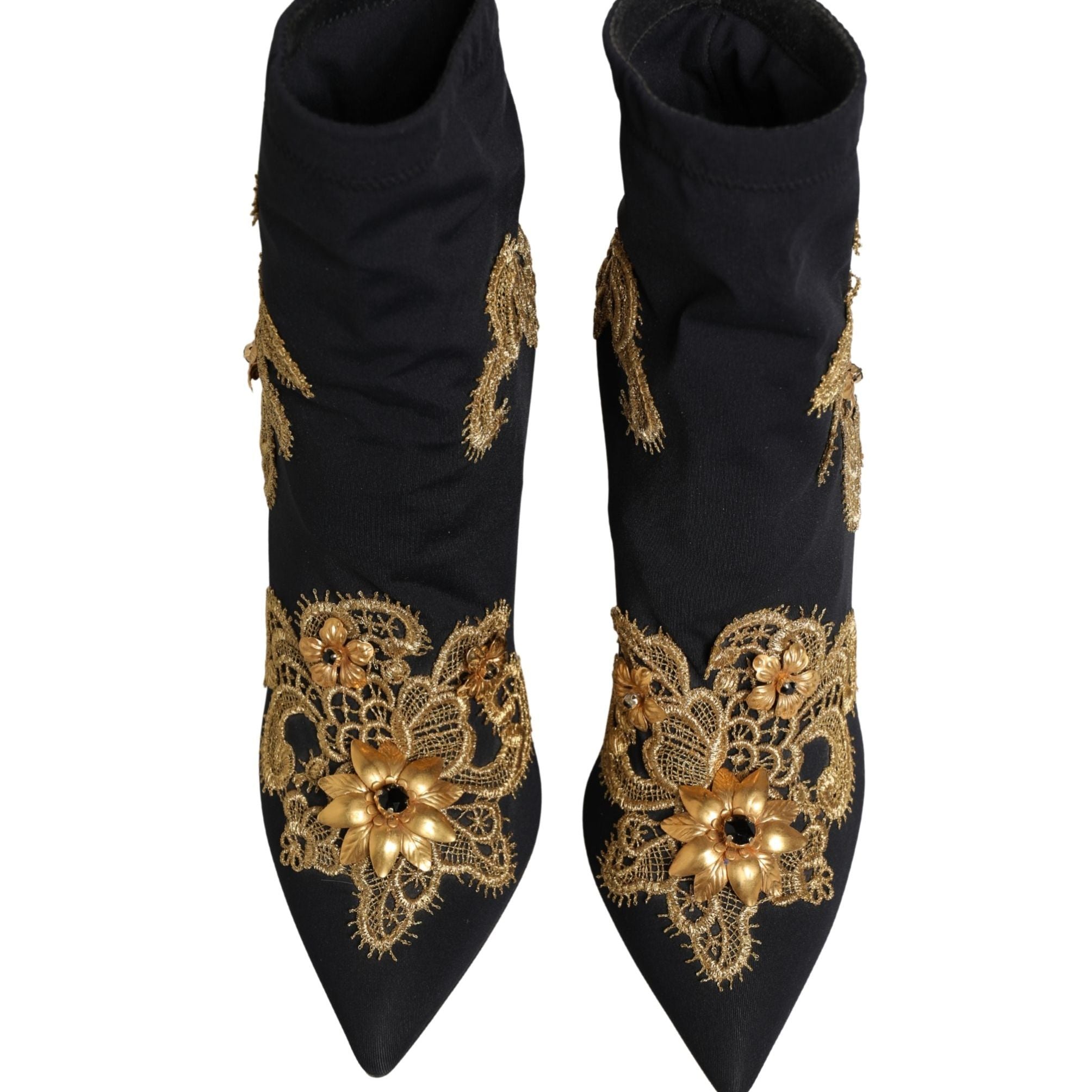 Dolce & Gabbana Black Gold Embroidery Crystal Boots Shoes