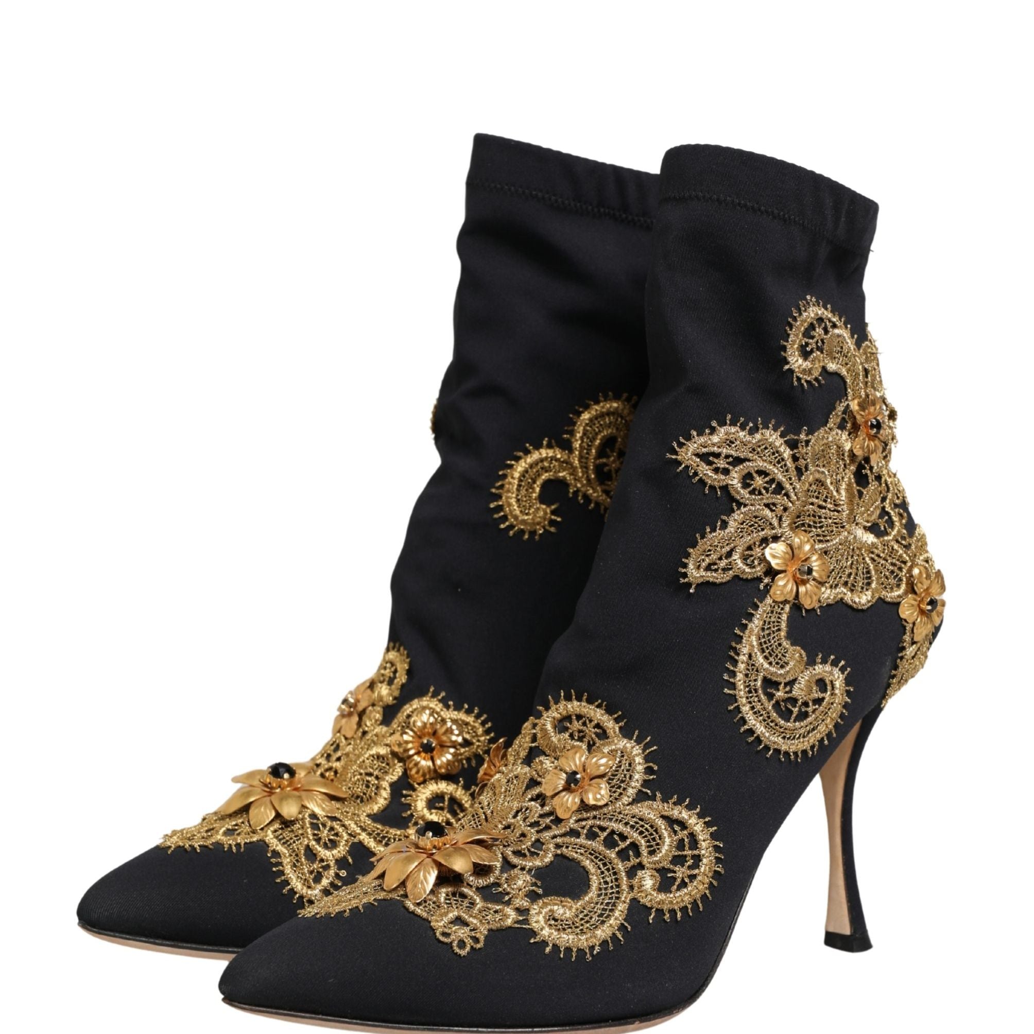 Dolce & Gabbana Black Gold Embroidery Crystal Boots Shoes