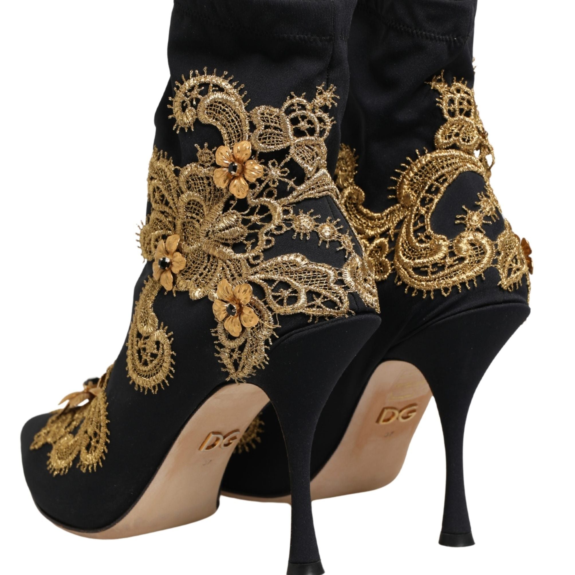 Dolce & Gabbana Black Gold Embroidery Crystal Boots Shoes