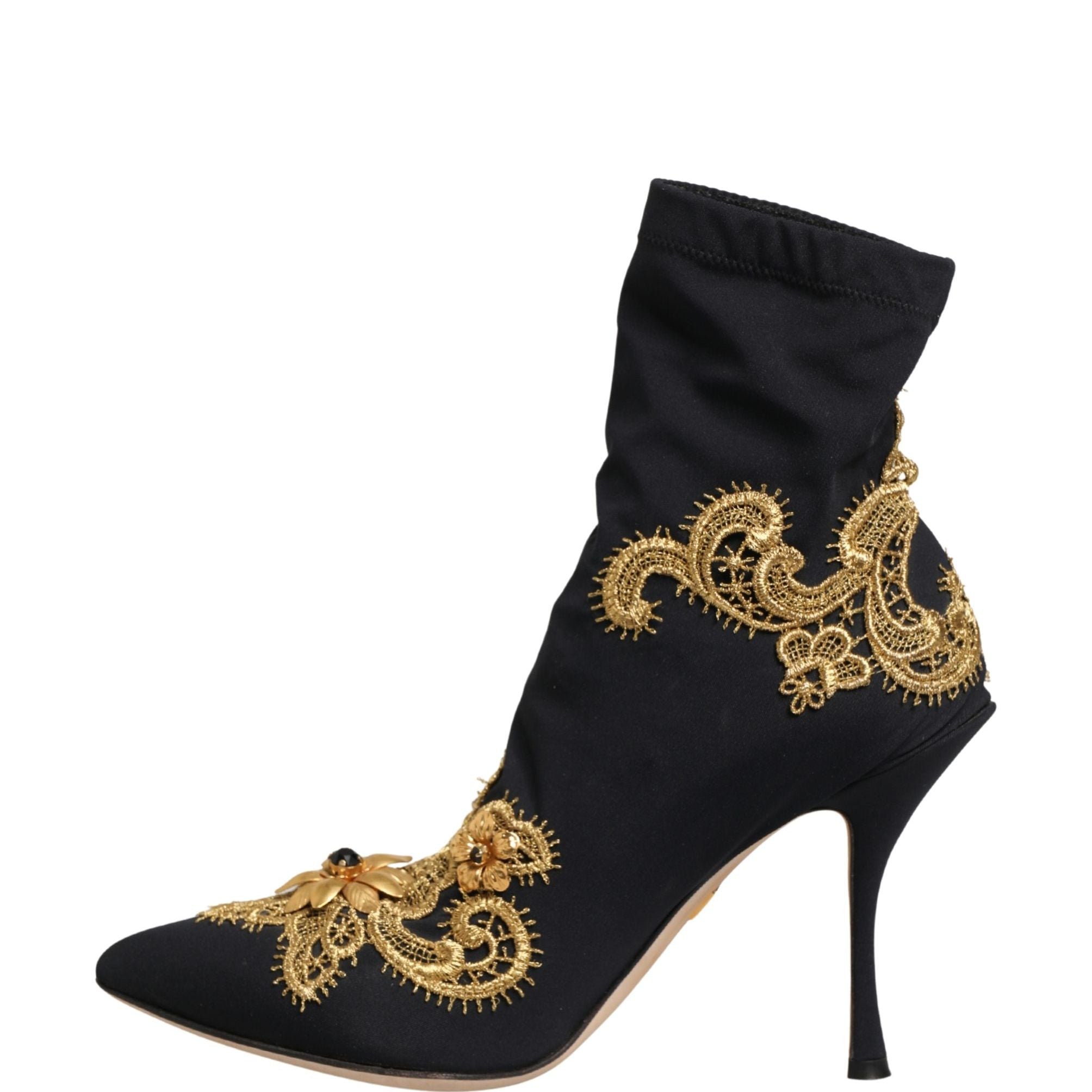 Dolce & Gabbana Black Gold Embroidery Crystal Boots Shoes