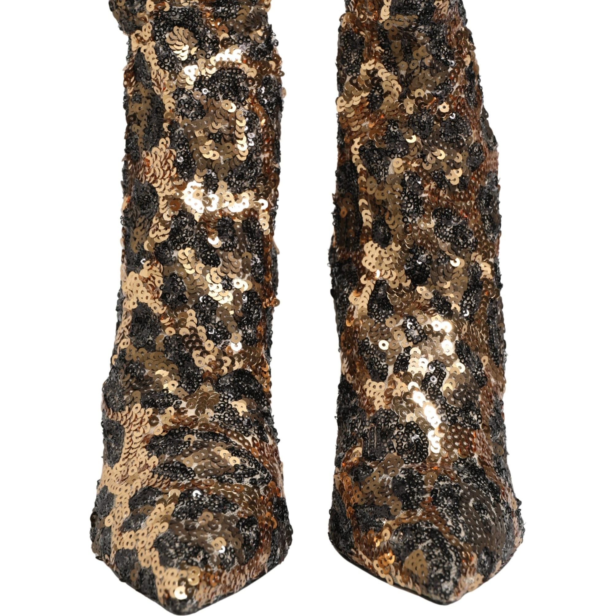 Dolce & Gabbana Gold Leopard Sequin Sock Ankle Boots Shoes