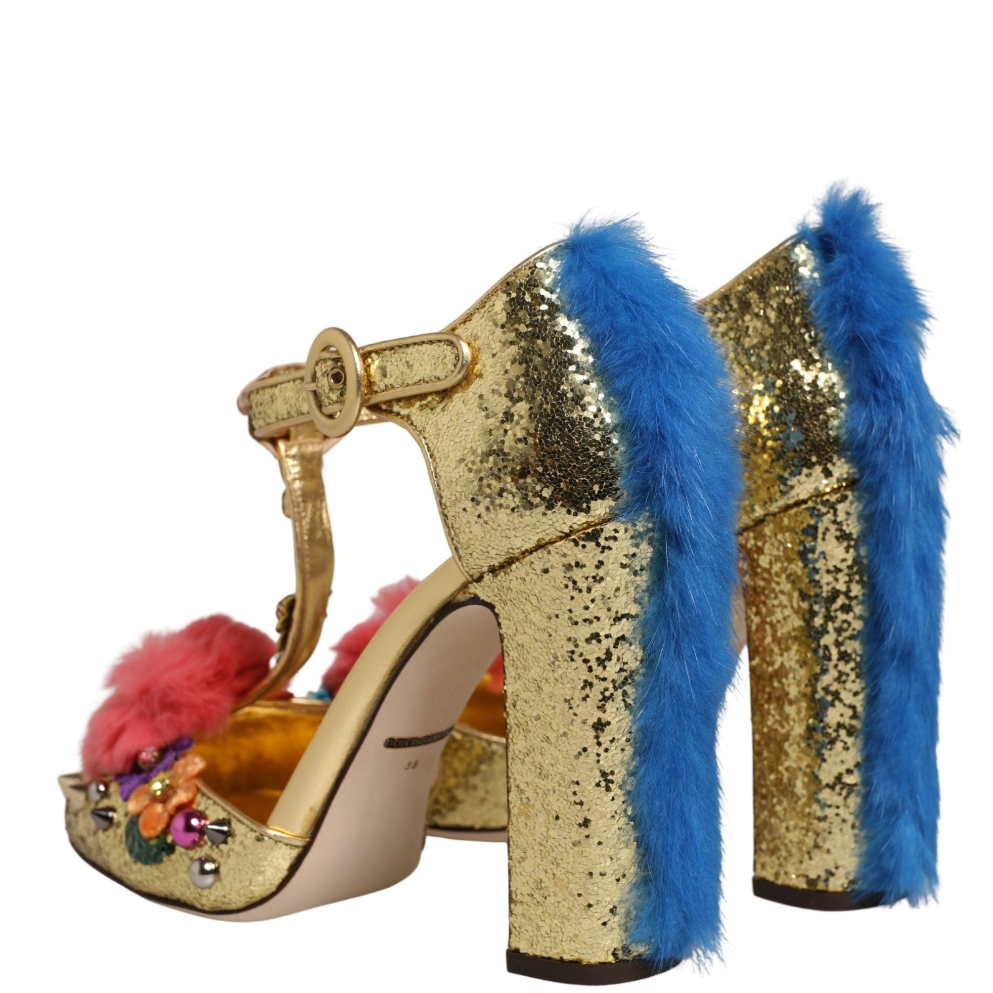 Dolce & Gabbana Gold Fur Trim Glitter T-strap Sandals Shoes