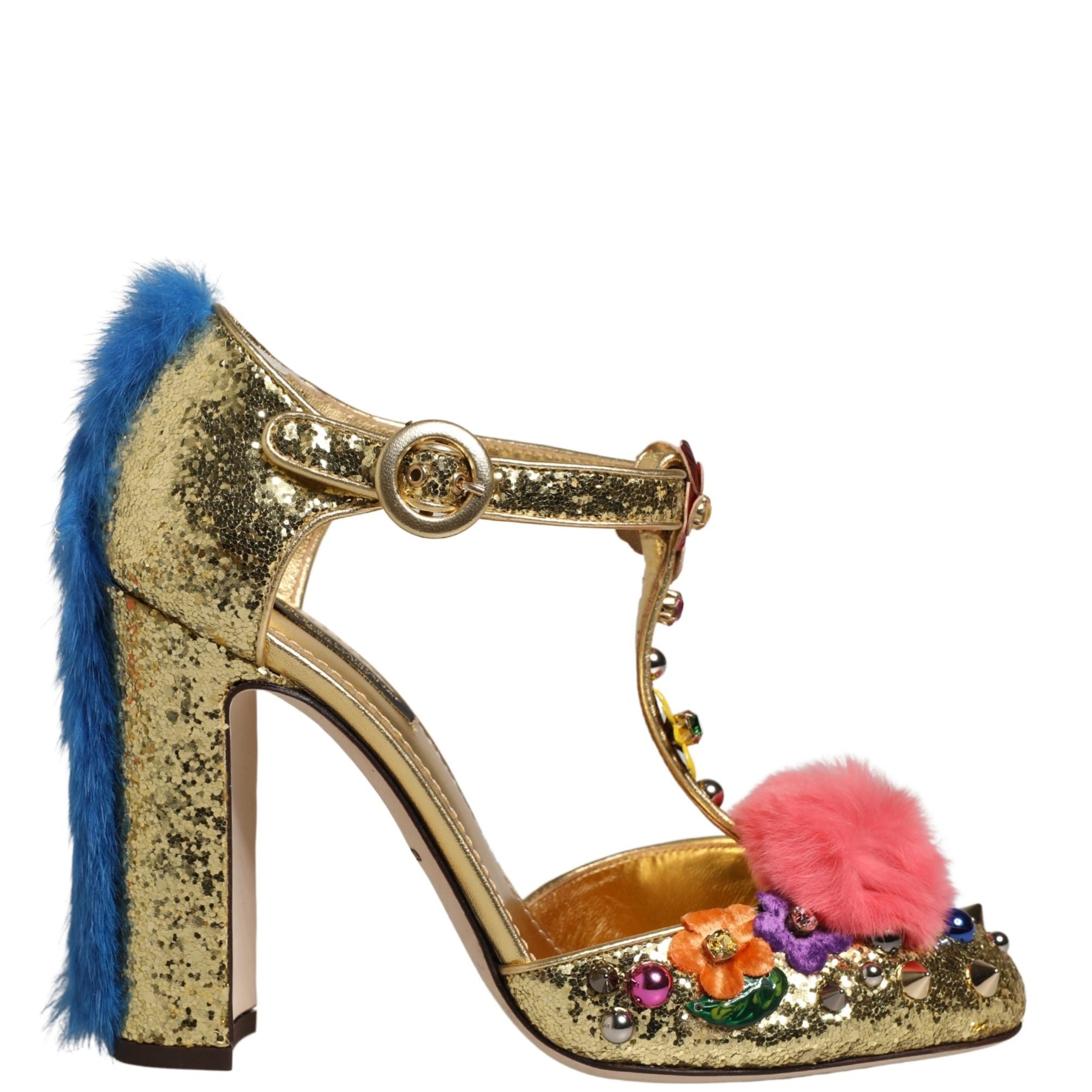 Dolce & Gabbana Gold Fur Trim Glitter T-strap Sandals Shoes