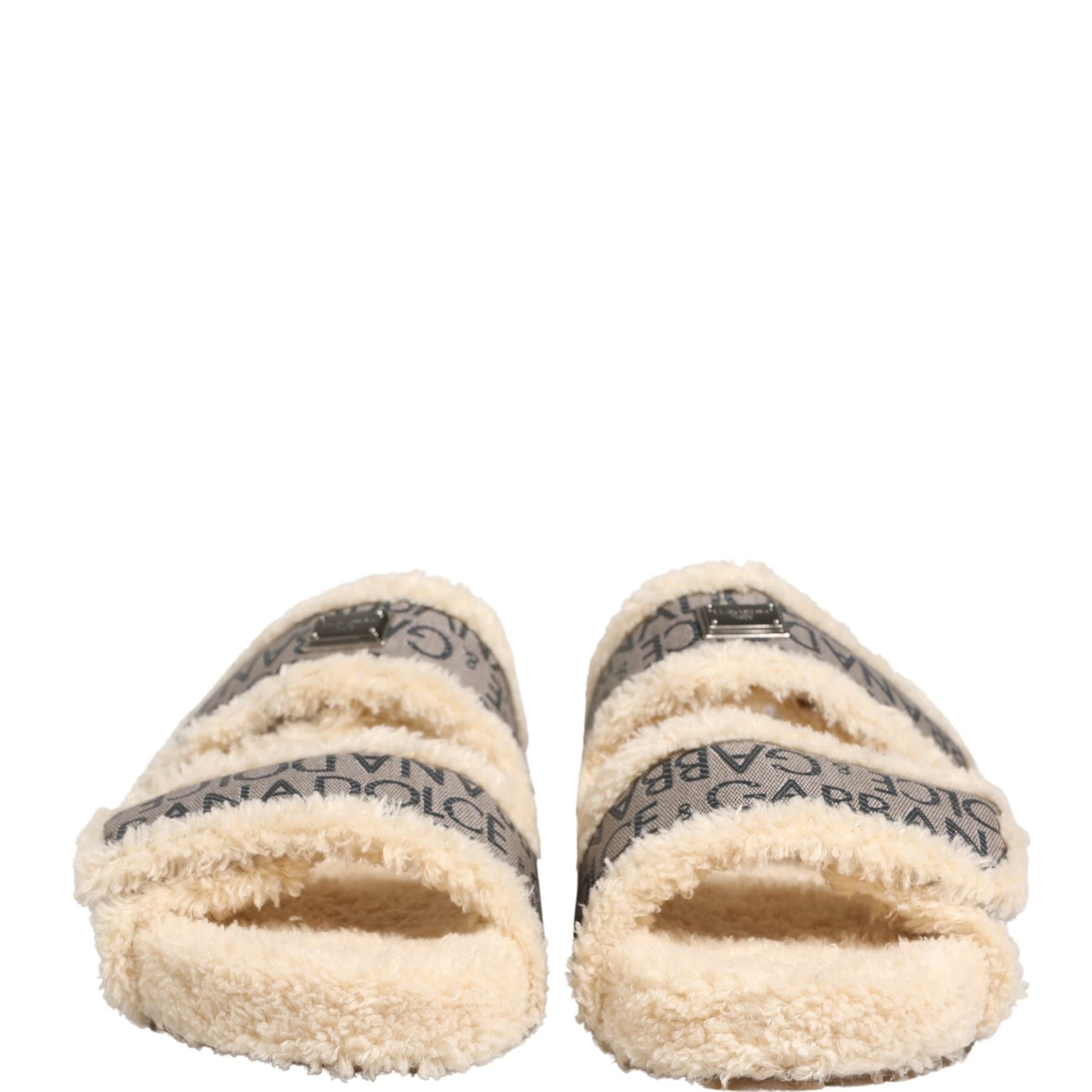 Dolce & Gabbana Beige Faux Fur Logo Print Flats Sandals Shoes