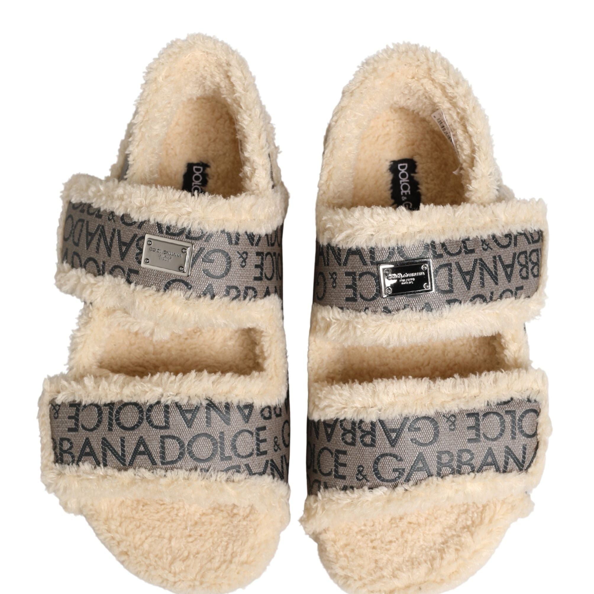 Dolce & Gabbana Beige Faux Fur Logo Print Flats Sandals Shoes