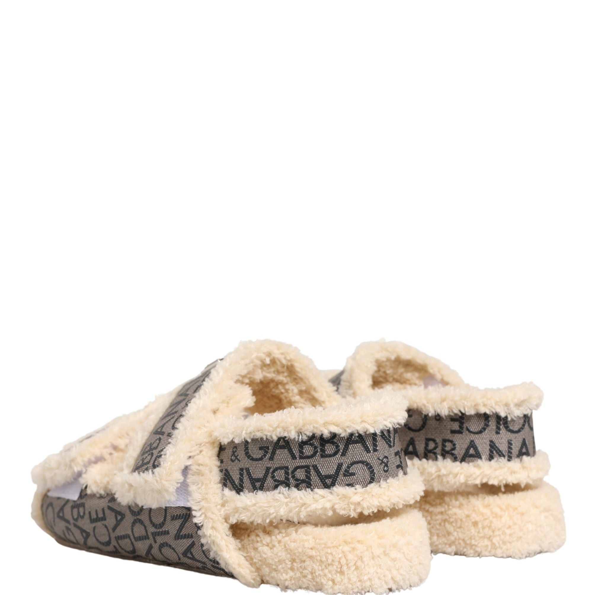 Dolce & Gabbana Beige Faux Fur Logo Print Flats Sandals Shoes
