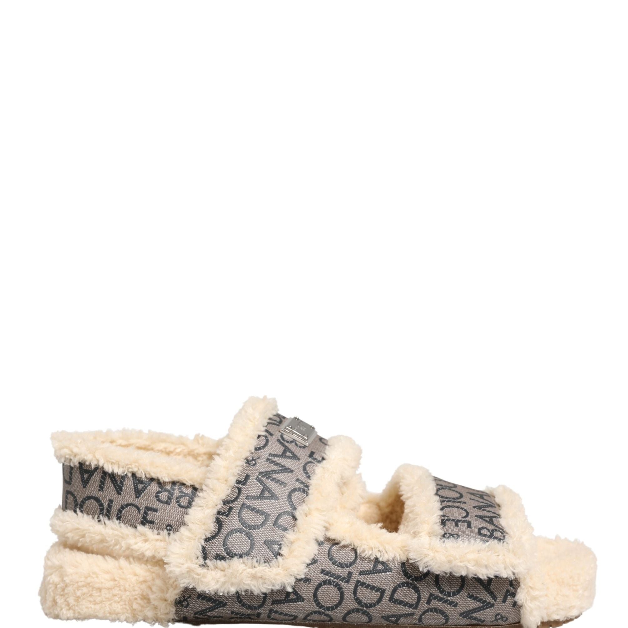 Dolce & Gabbana Beige Faux Fur Logo Print Flats Sandals Shoes