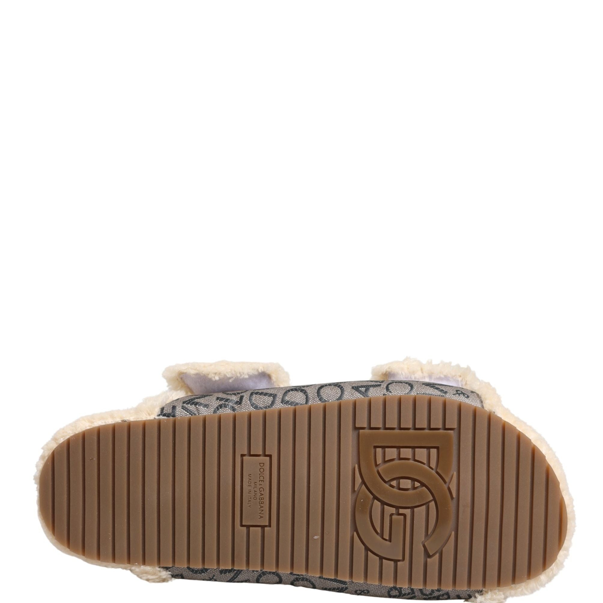 Dolce & Gabbana Beige Faux Fur Logo Print Flats Sandals Shoes