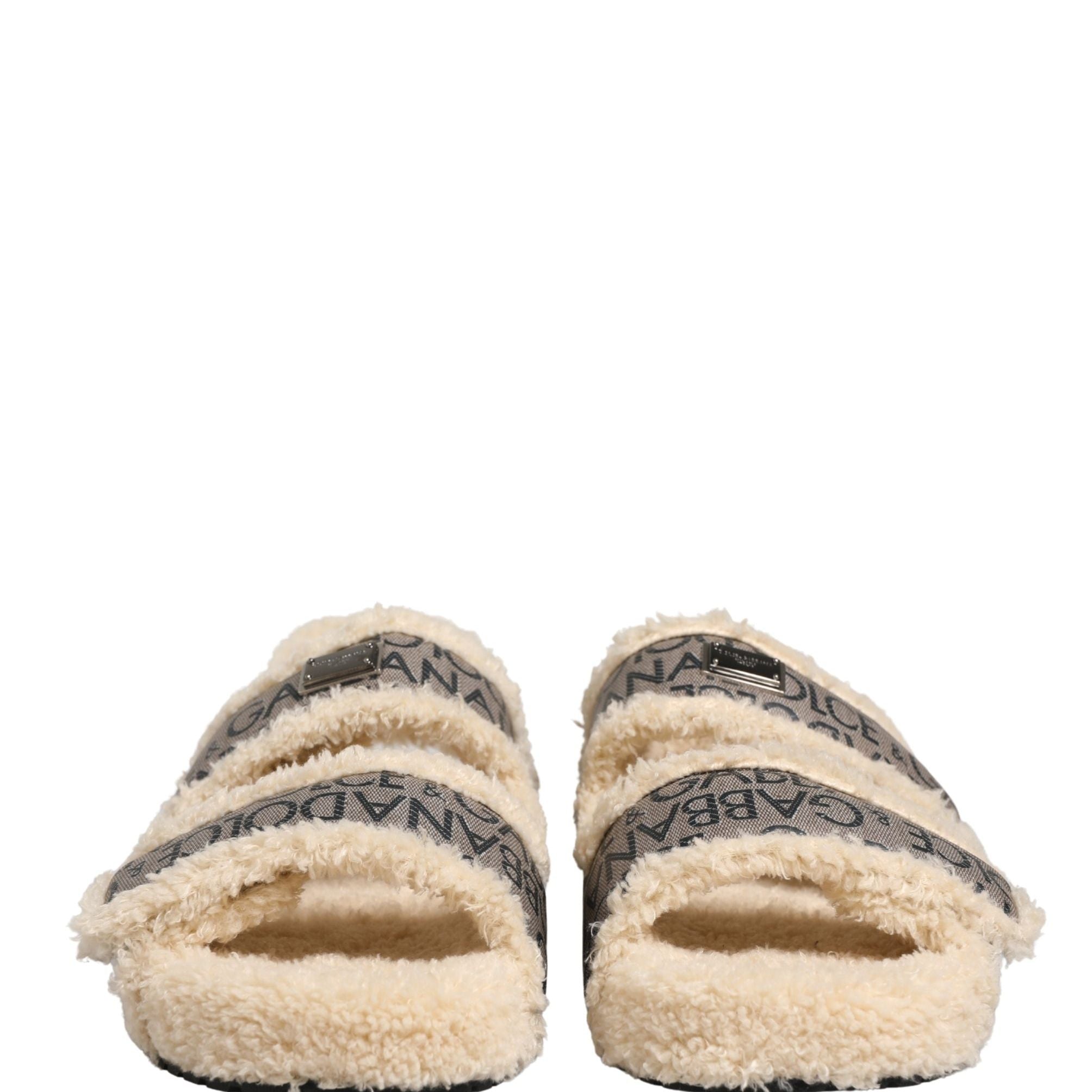 Dolce & Gabbana Beige Faux Fur Logo Print Flats Sandals Shoes