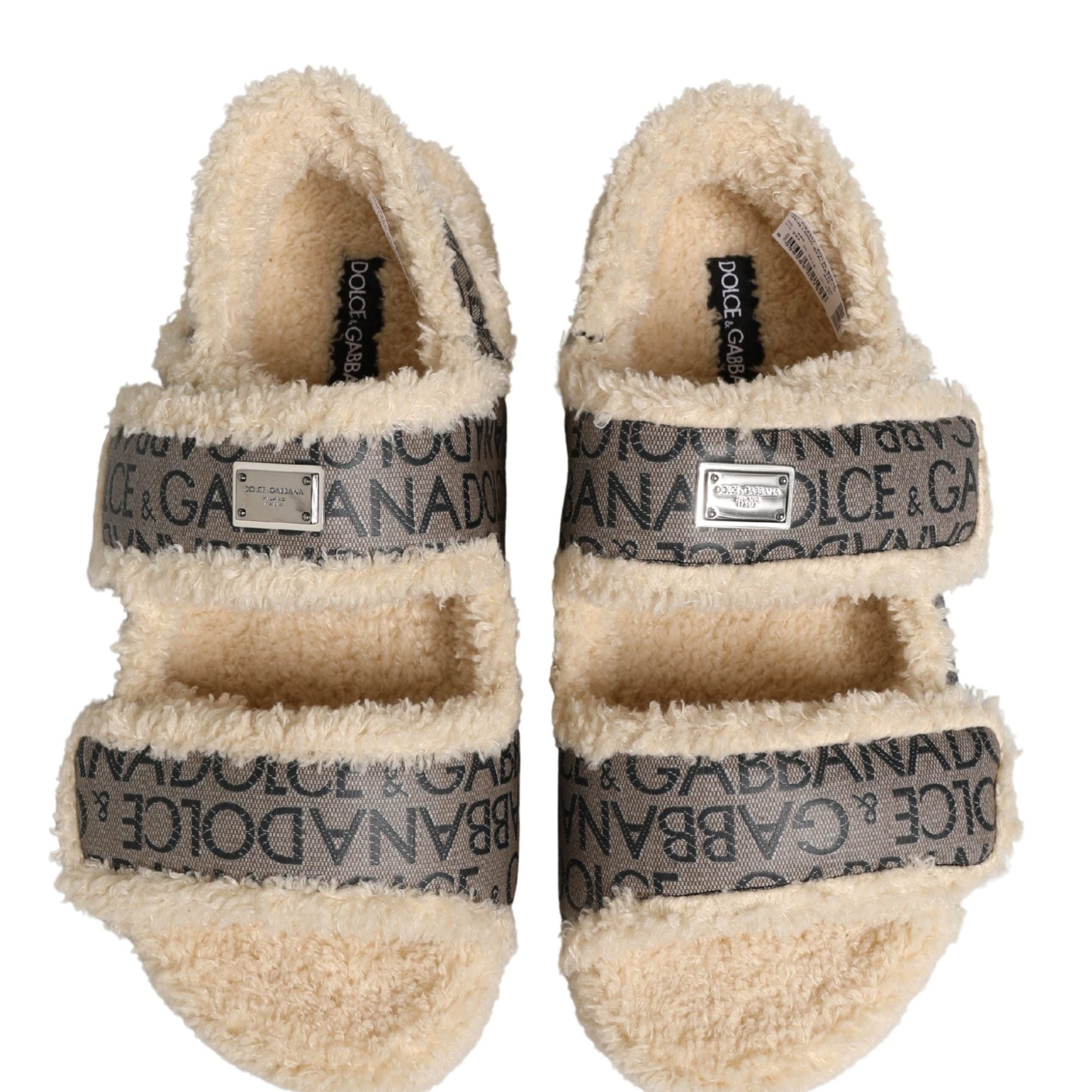 Dolce & Gabbana Beige Faux Fur Logo Print Flats Sandals Shoes