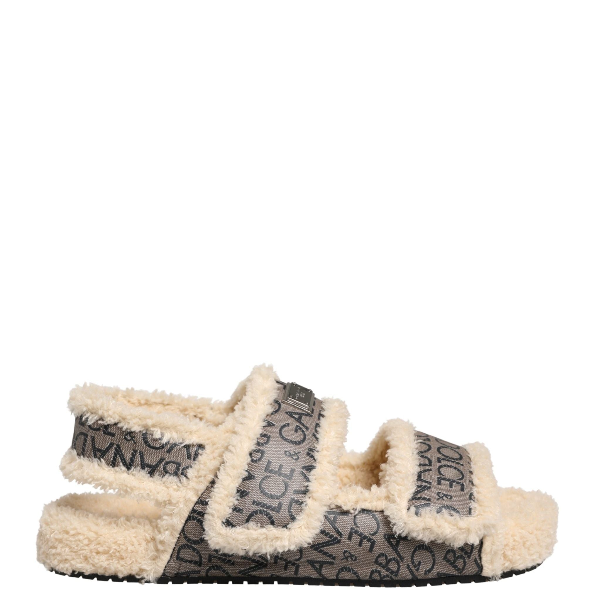 Dolce & Gabbana Beige Faux Fur Logo Print Flats Sandals Shoes